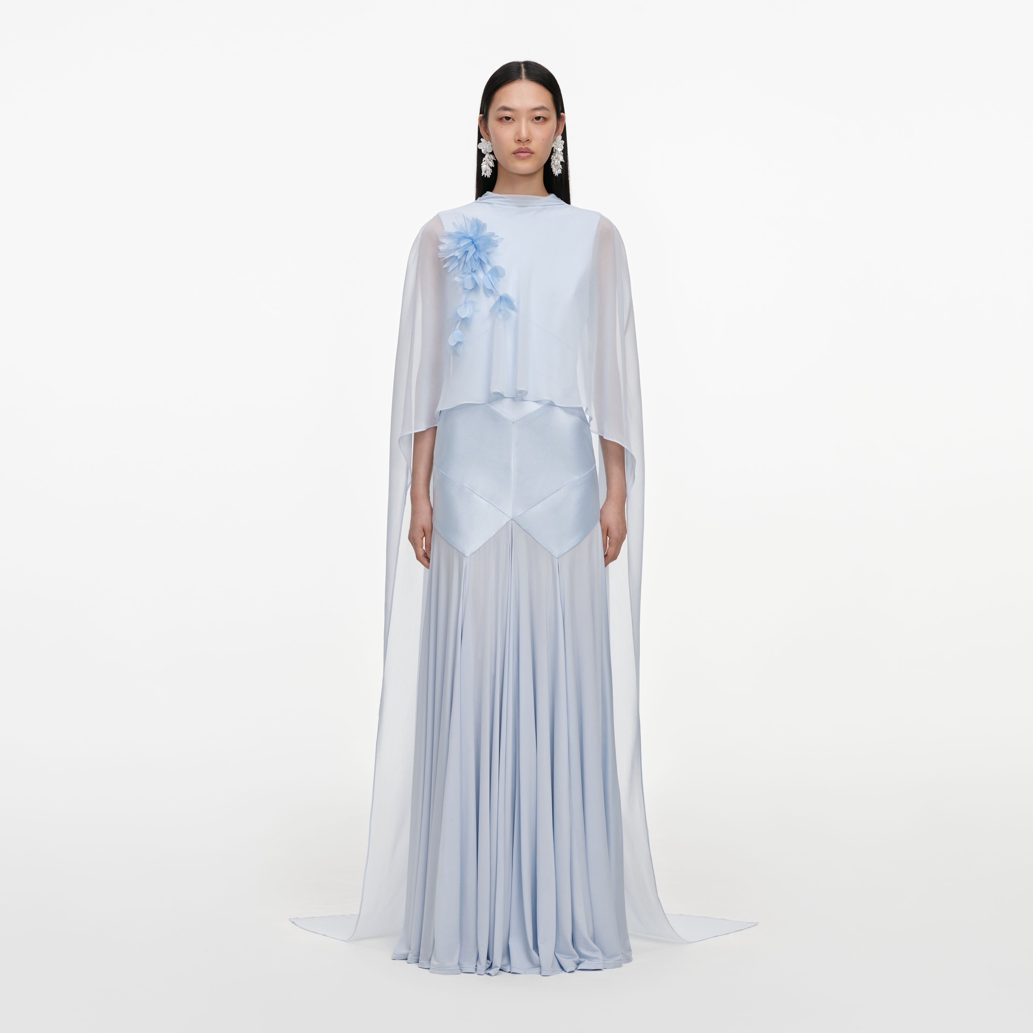 Blue Satin Jersey Cape Maxi Dress