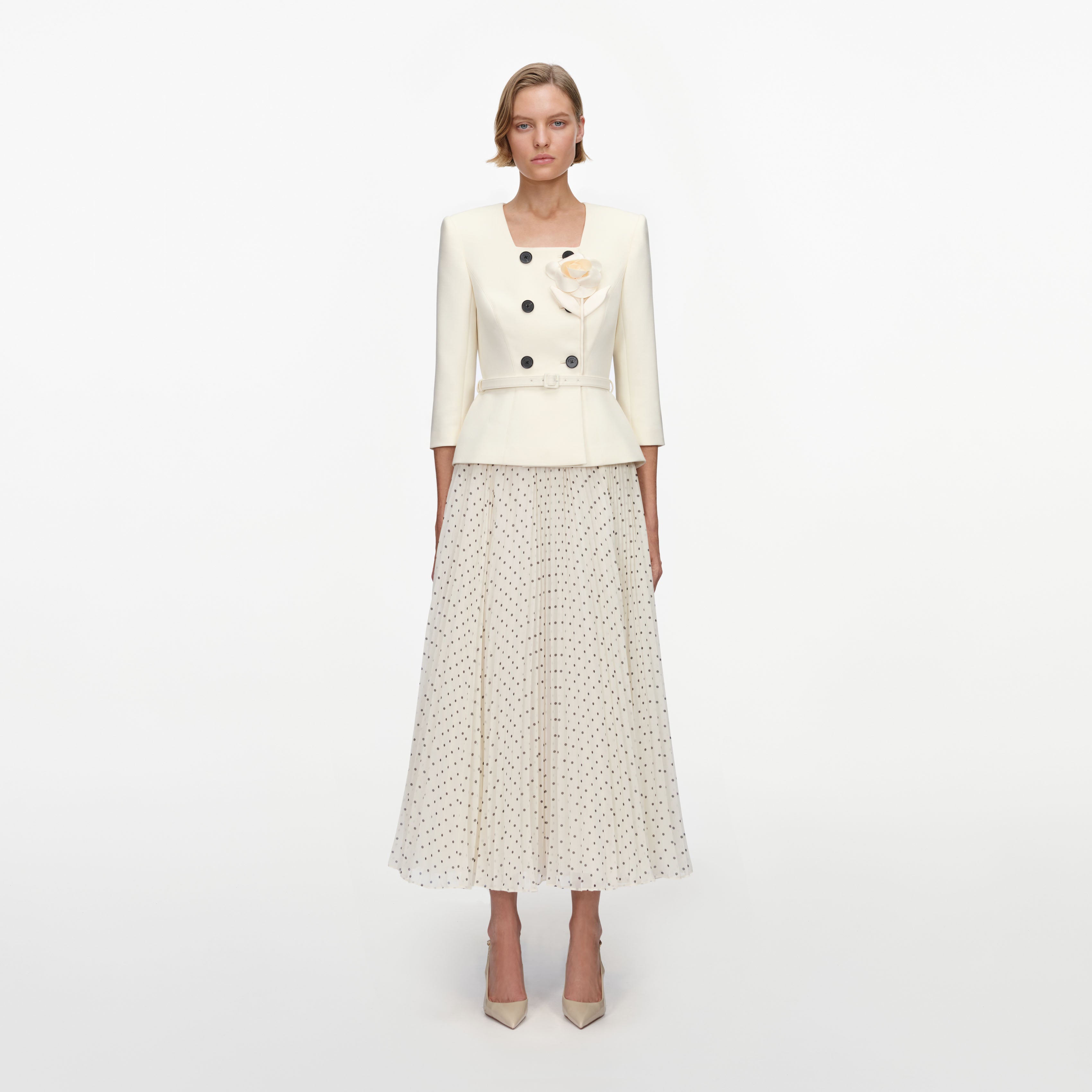 Cream 3D Flower Polka Dot Chiffon Midi Dress