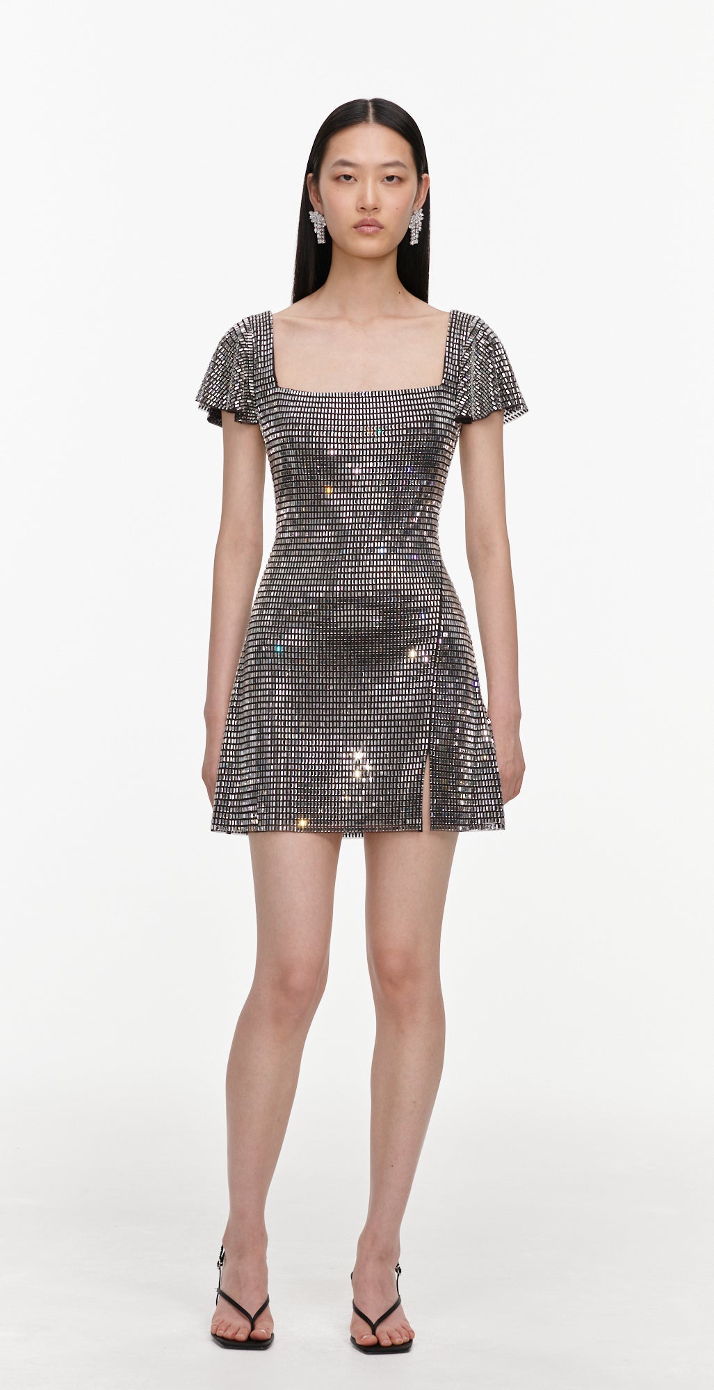 Grey Rhinestone Mesh Mini Dress