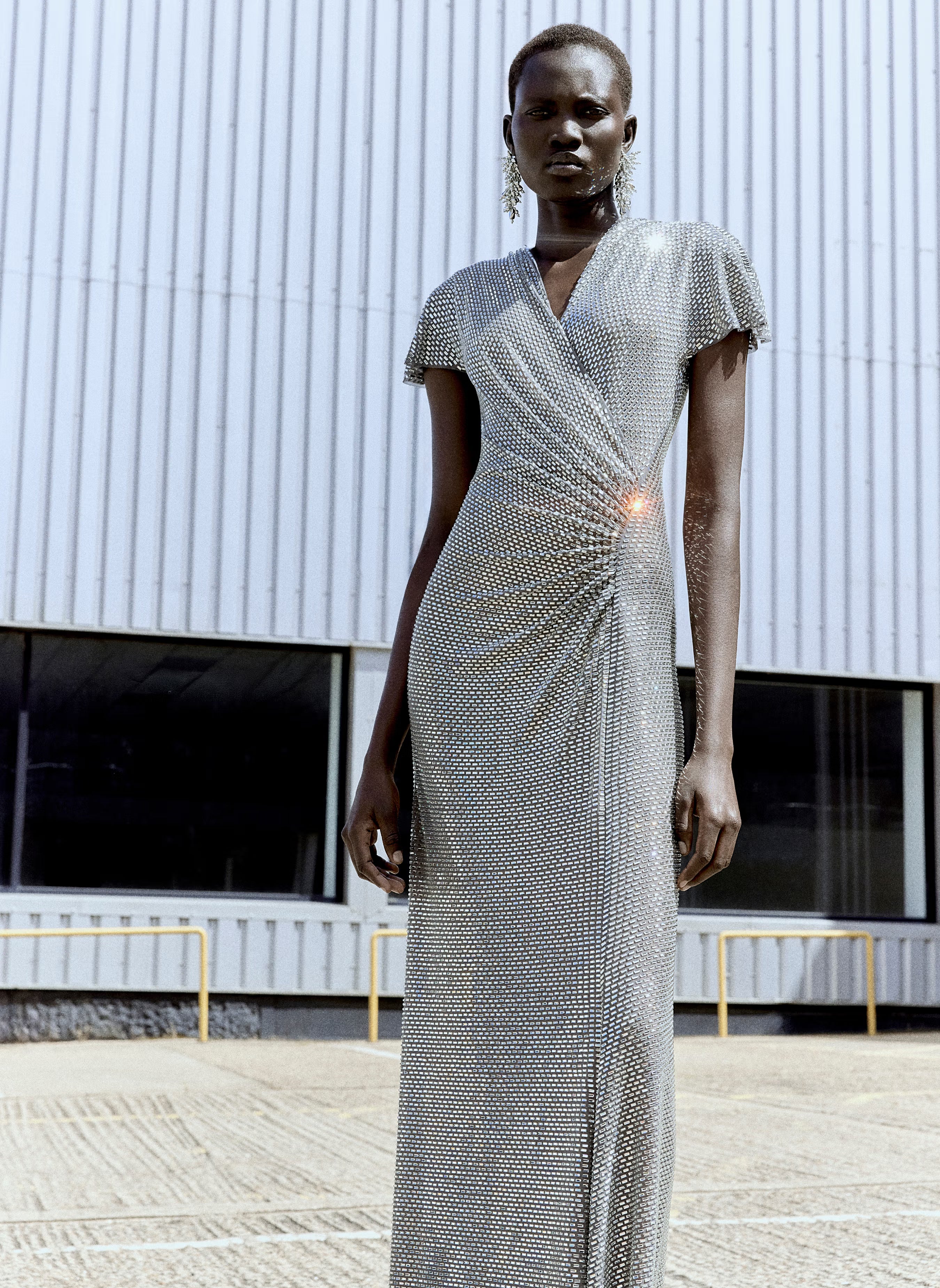 Grey Rhinestone Mesh Wrap Maxi Dress