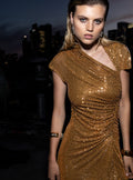 Gold Rhinestone Drape Midi Dress
