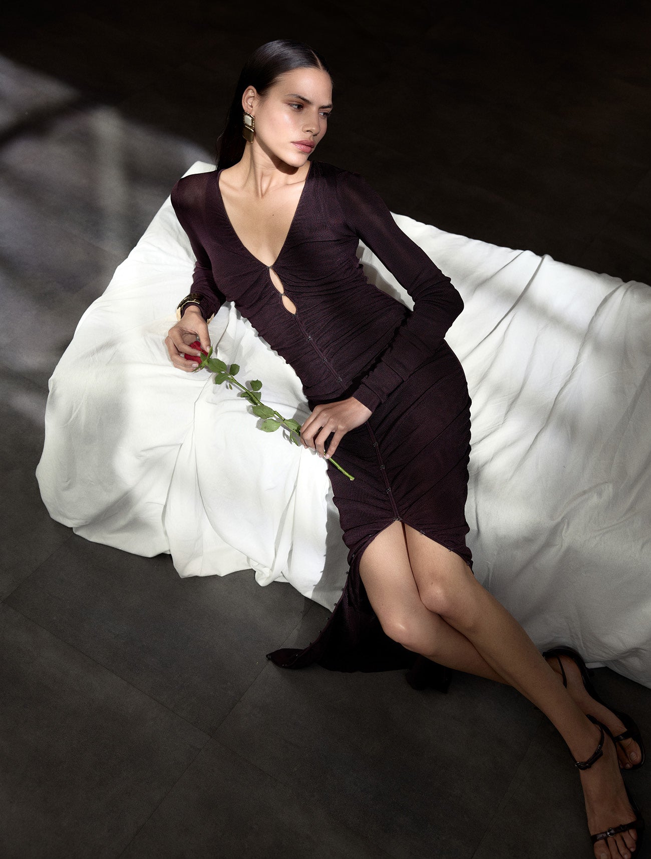 Brown Gathered Viscose Knit Midi Dress
