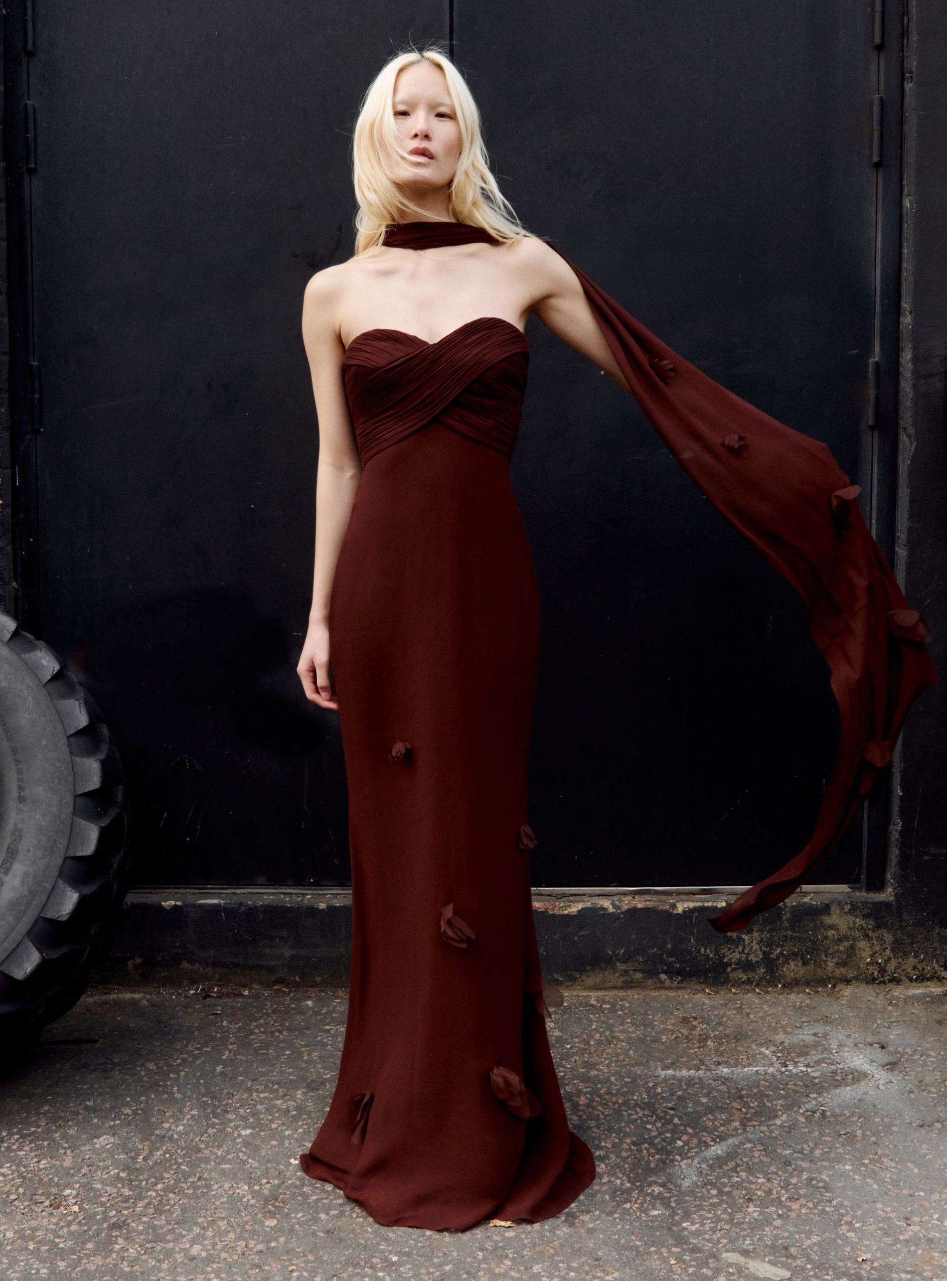 Brown Georgette Flower Maxi Dress