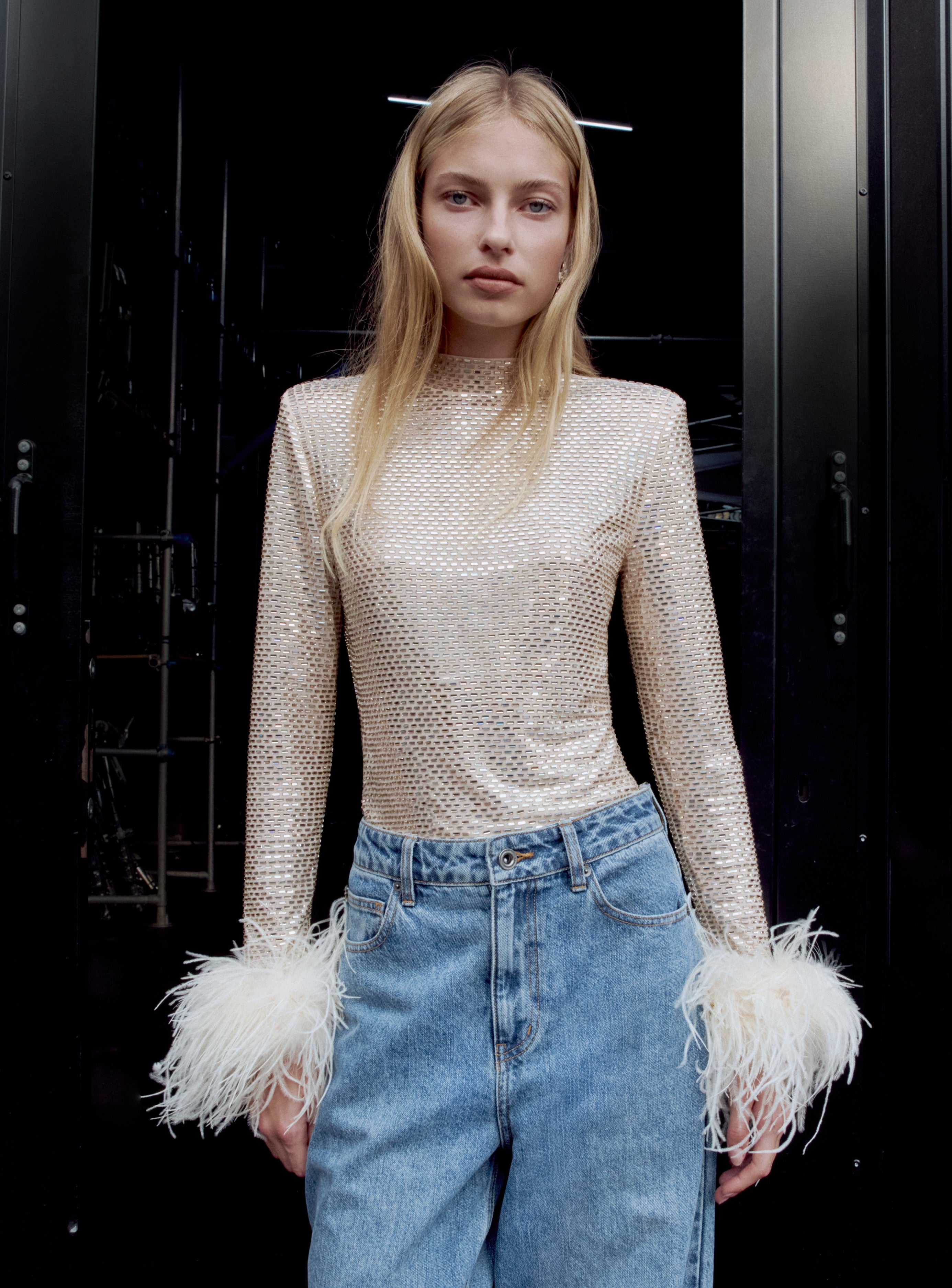 Champagne Rhinestone Feather Top