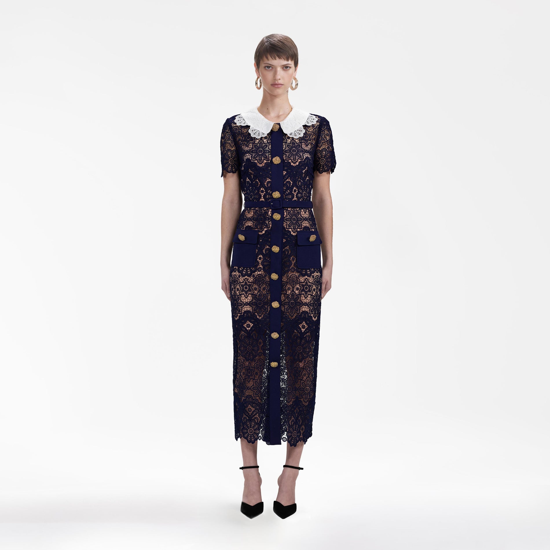 Navy Floral Guipure Midi Dress