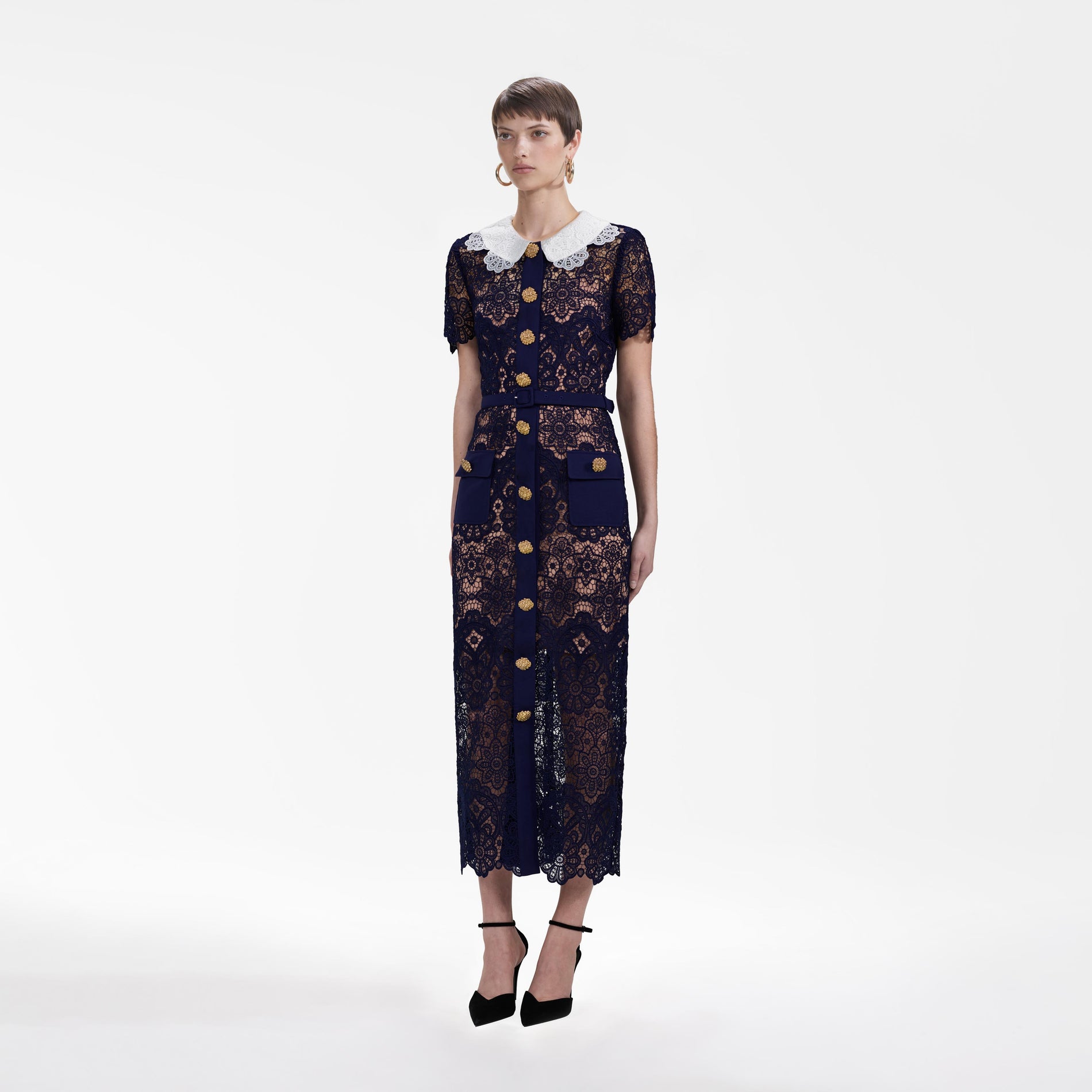 Navy Floral Guipure Midi Dress