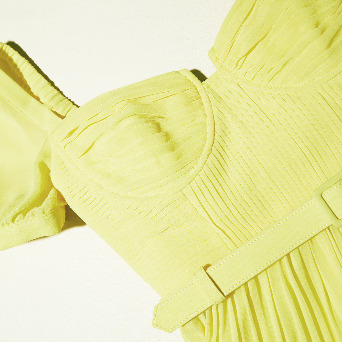 A close up of the fabric for the Yellow Chiffon Lace Detail Midi Dress