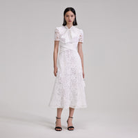 White Cord Lace Crossover Midi Dress