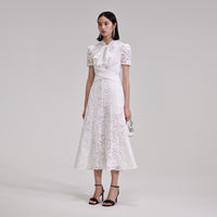 White Cord Lace Crossover Midi Dress