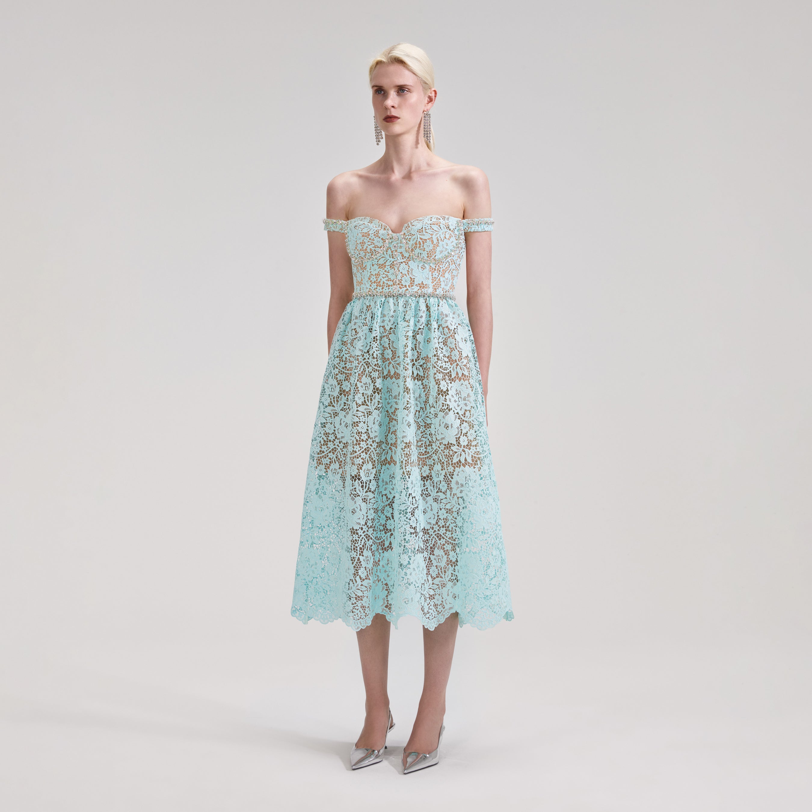 Blue Cord Lace Diamante Midi Dress