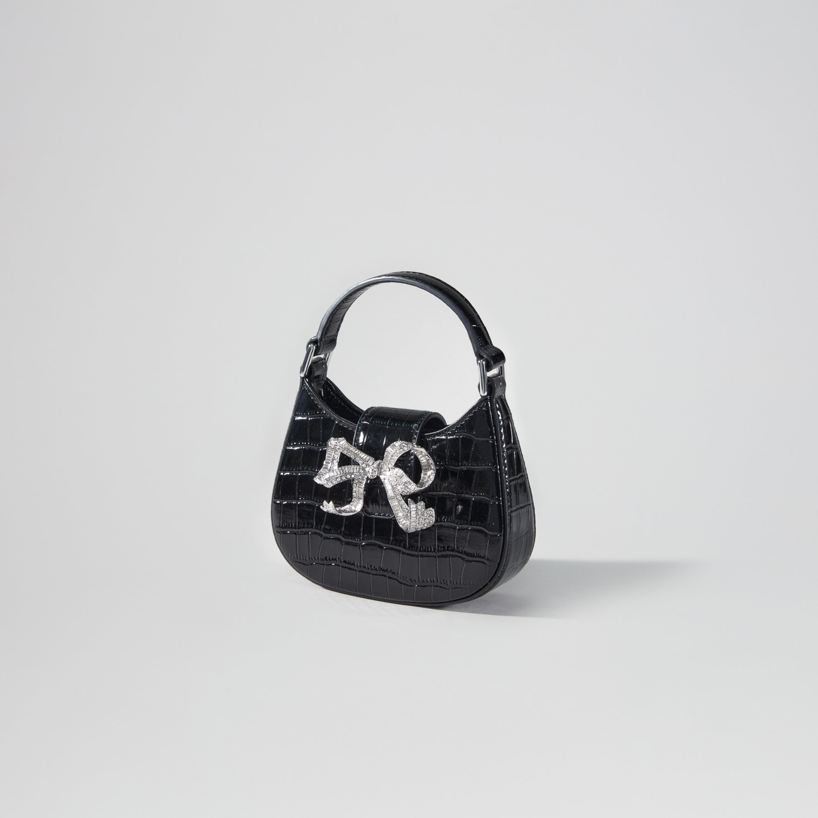 Black Croc Crescent Bow Micro Bag