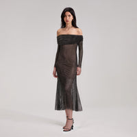 Black Rhinestone Fishnet Midi Dress