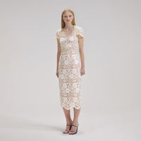 Cream Cord Lace Diamante Midi Dress