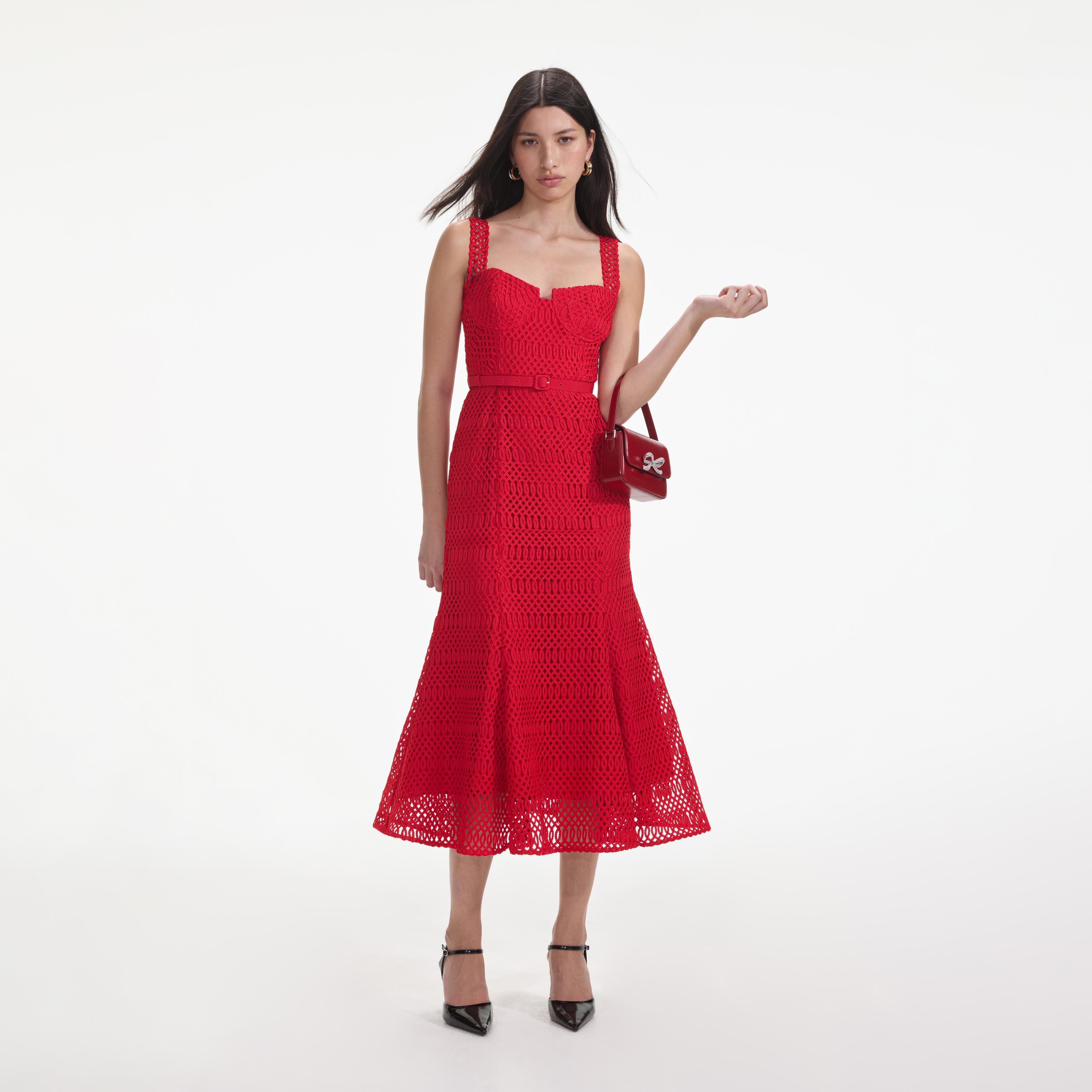 Red Lattice Lace Midi Dress