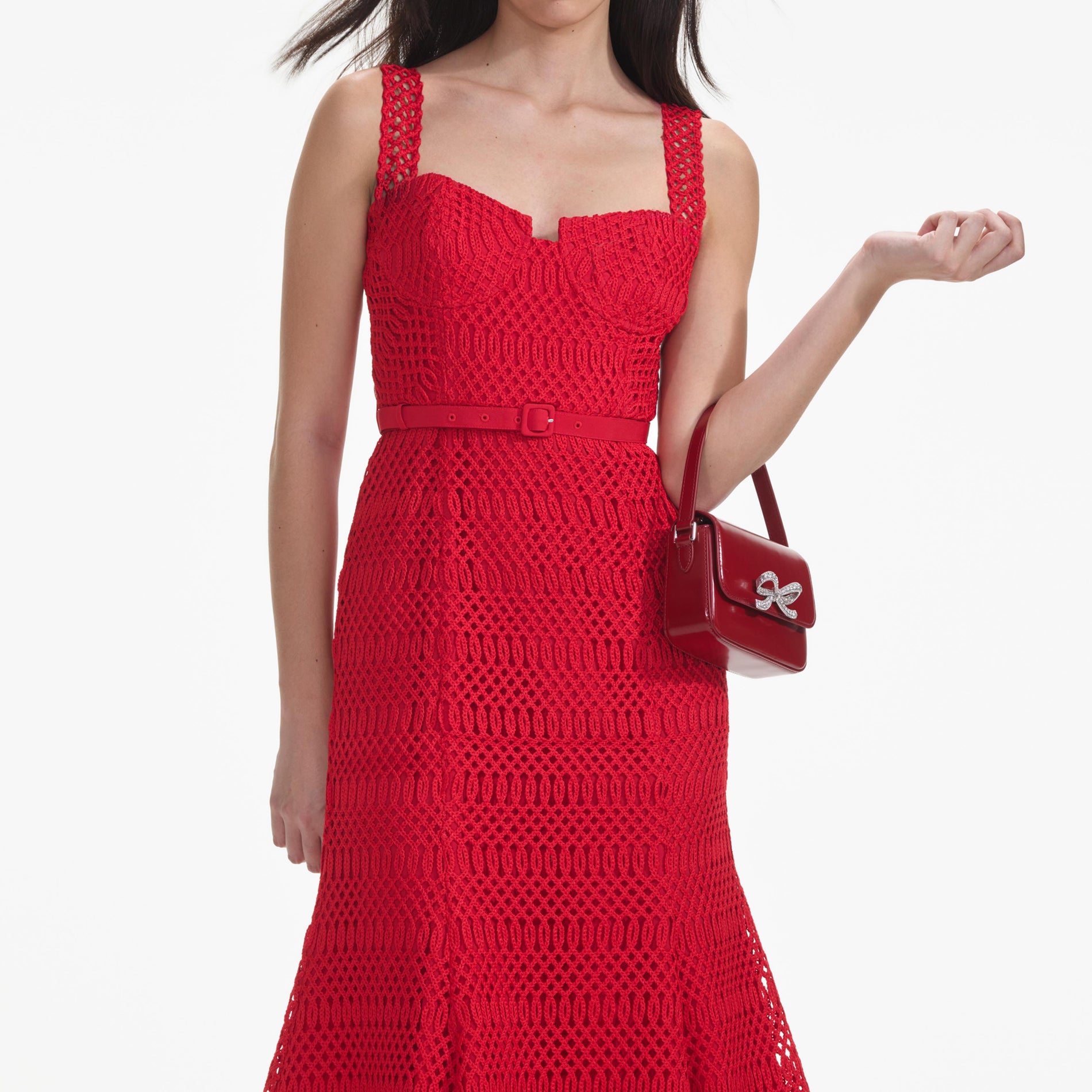 A close up of a woman wearing the Red Lattice Lace Midi Dress