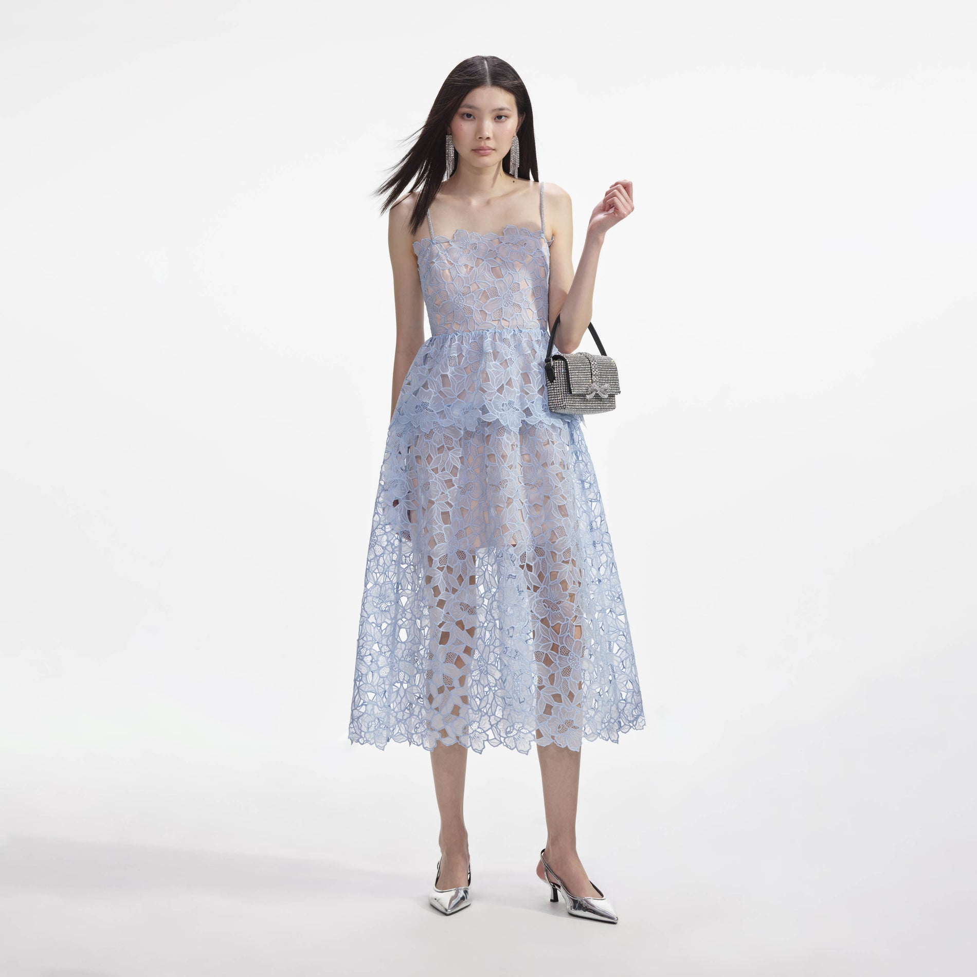 Blue Organza Lace Midi Dress