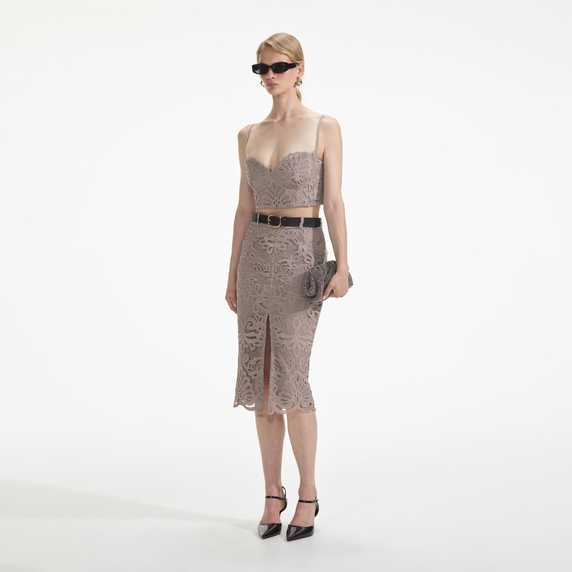 Side view of a woman wearing the Guipure Lace Crop Top