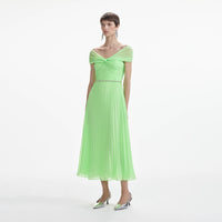 Green Off Shoulder Chiffon Midi Dress