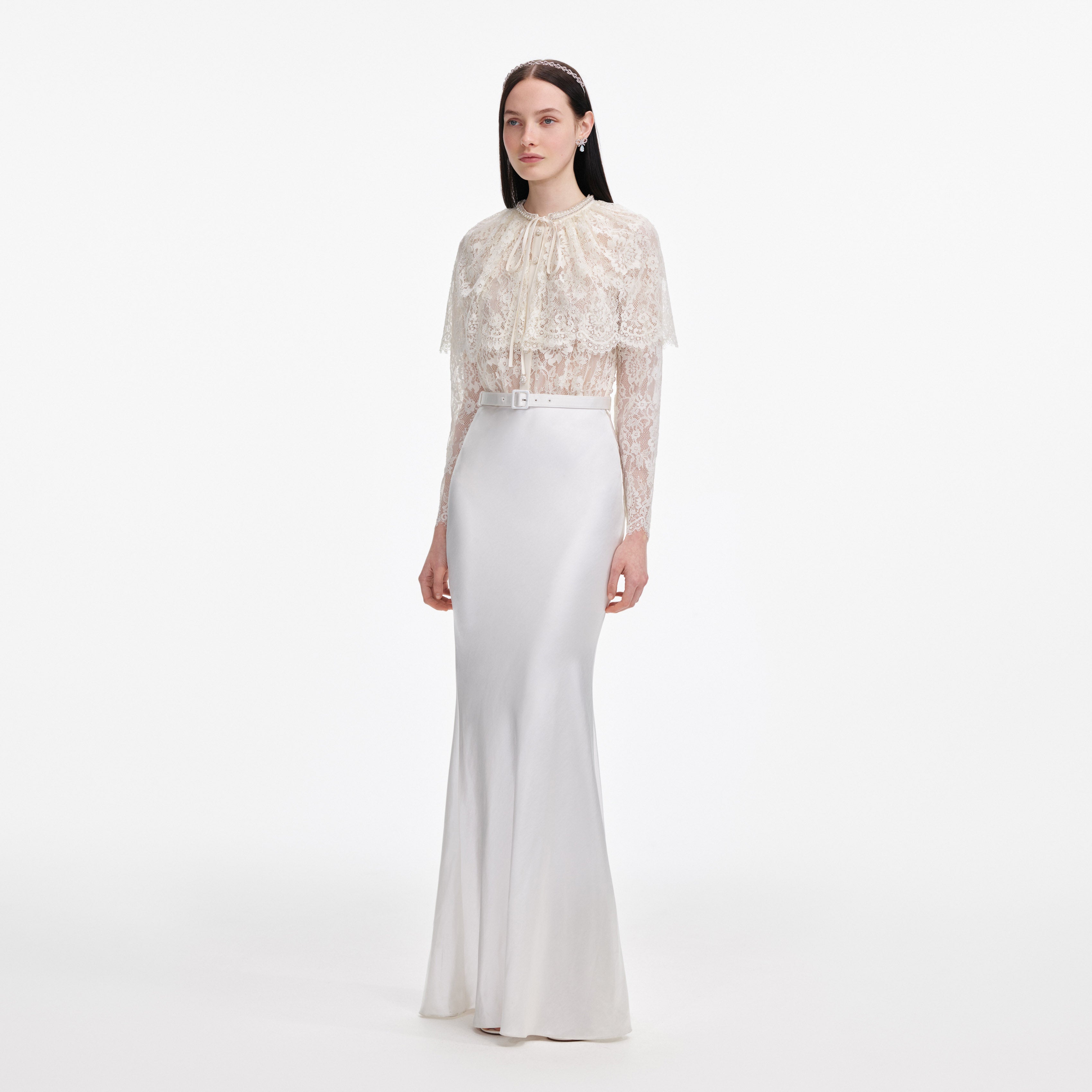 White Lace Cape Maxi Dress
