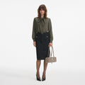 Khaki Twill Tie Neck Blouse