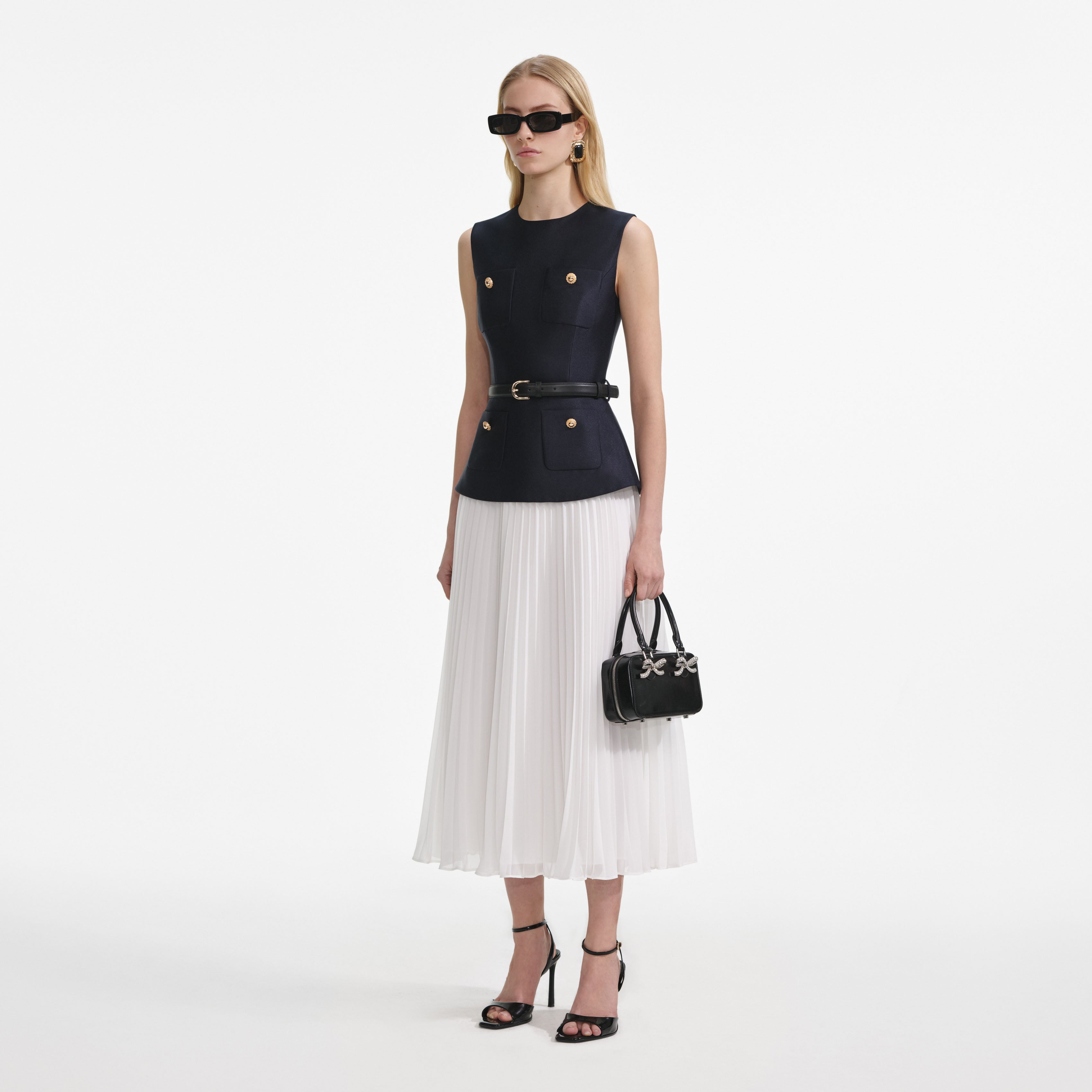 Navy Taffeta Midi Dress