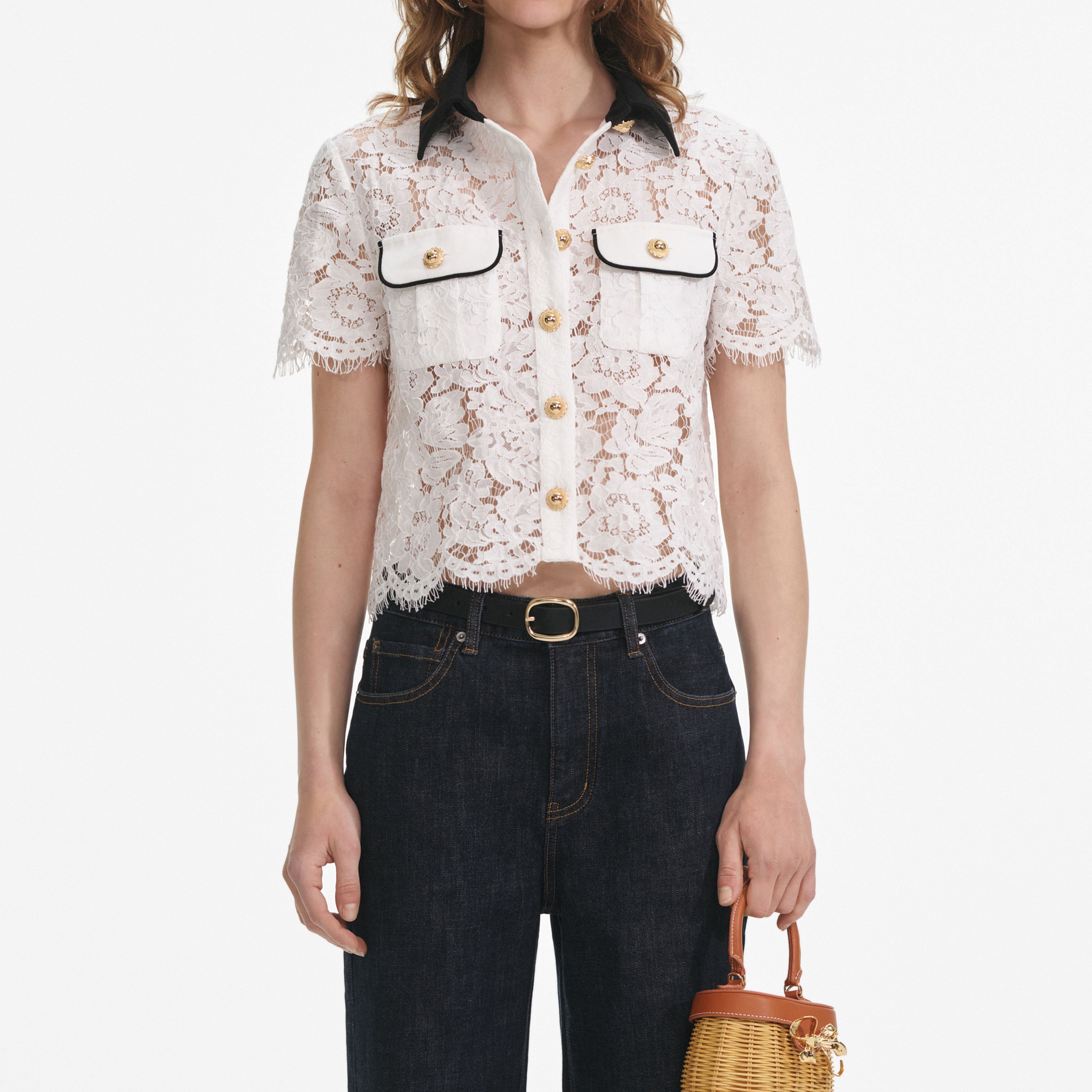 White Lace Contrast Collar Top
