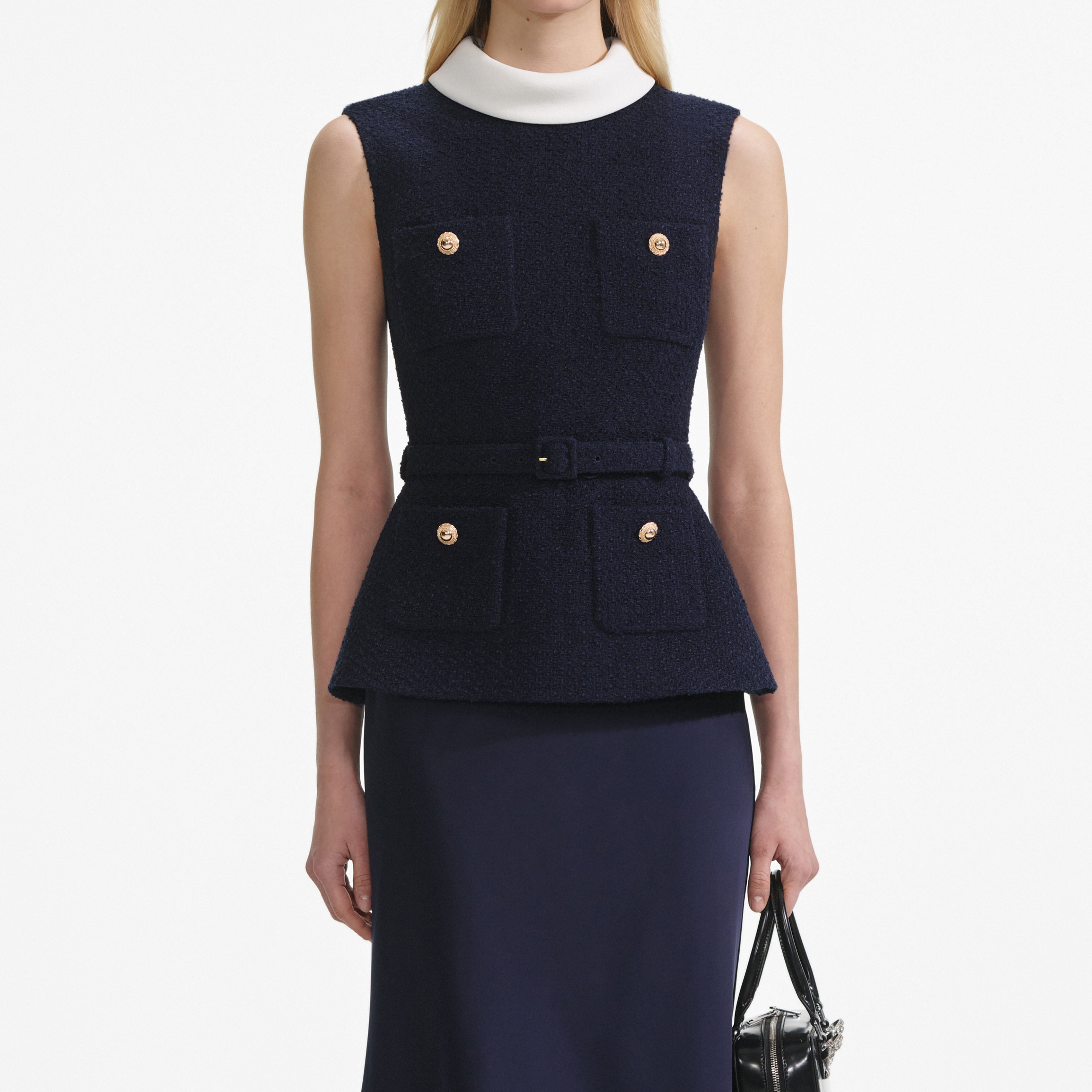 Navy Boucle Sleeveless Midi Dress