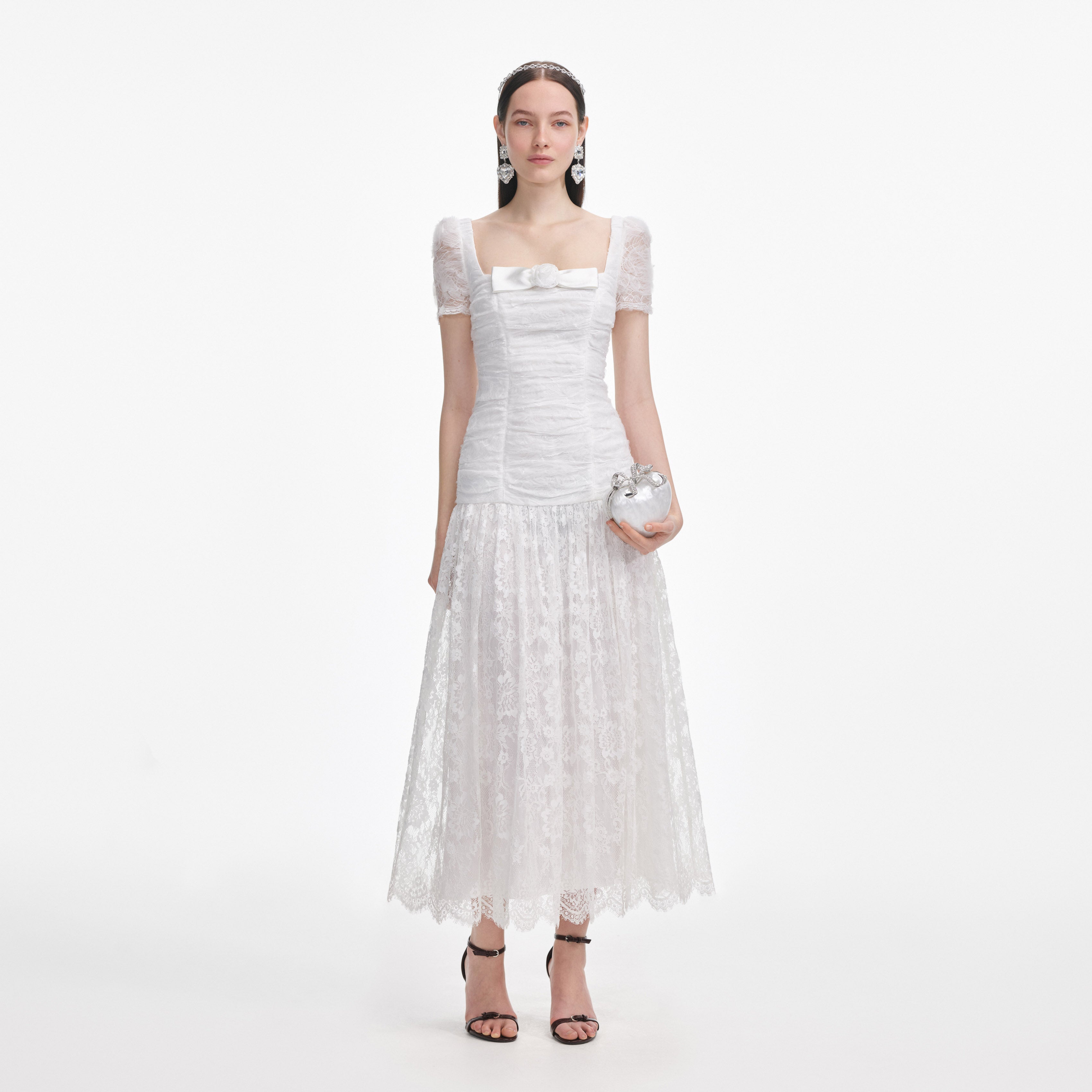 White Tulle Lace Gathered Midi Dress