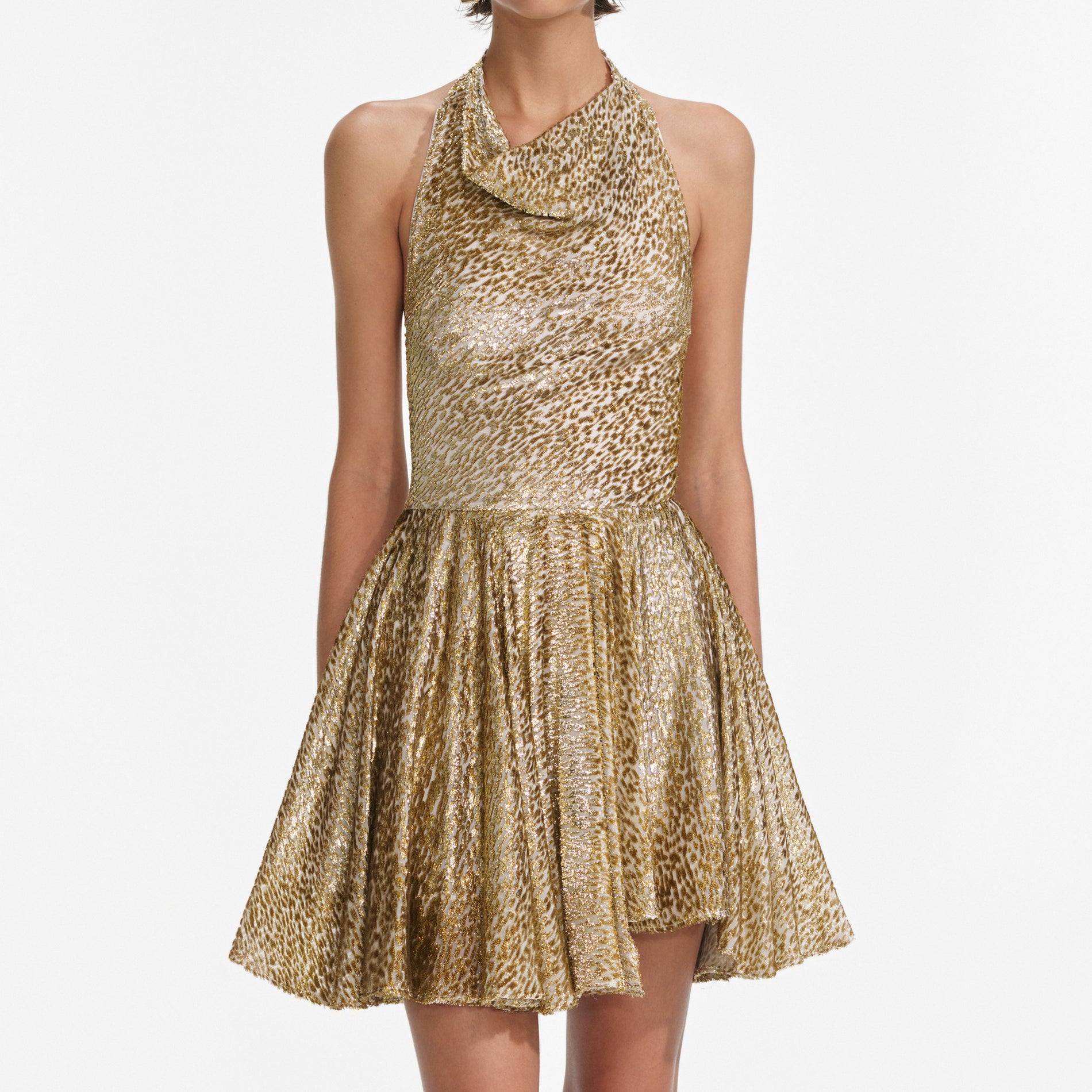 A close up of a woman wearing the Gold Fil Coupe Mini Dress