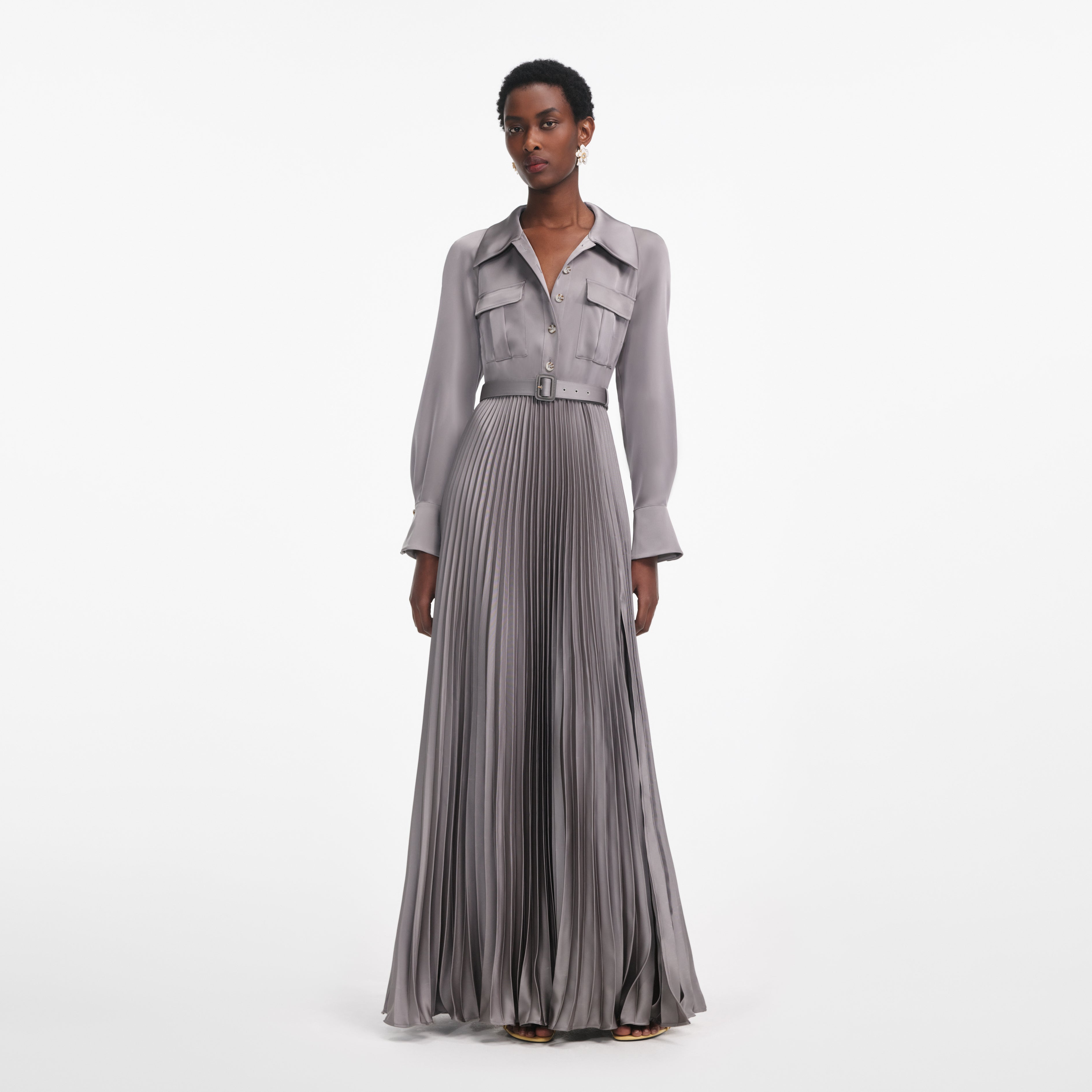 Grey Satin Pleated Maxi Dress