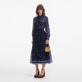 Navy Printed Chiffon Midi Dress