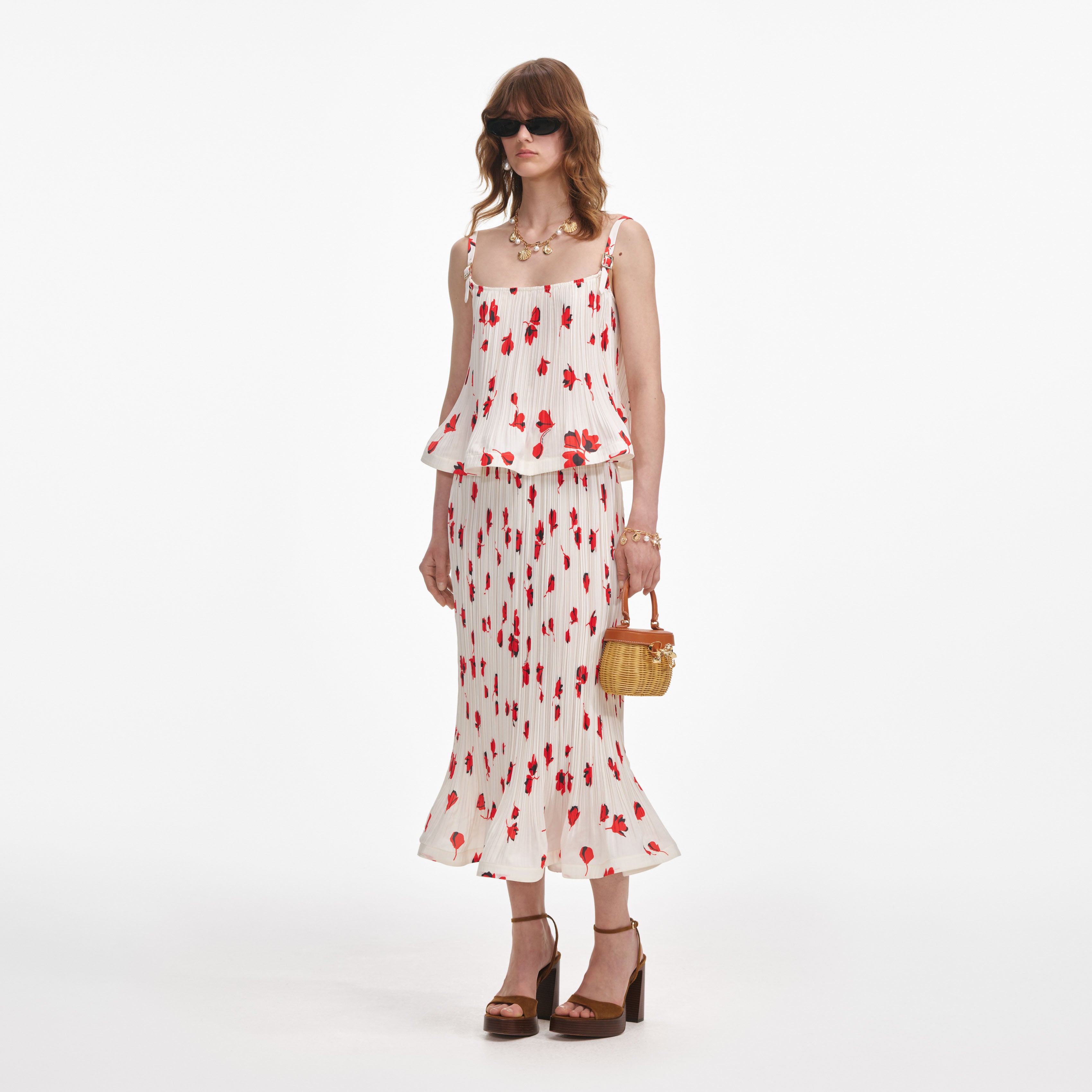 White Floral Plisse  Midi Skirt
