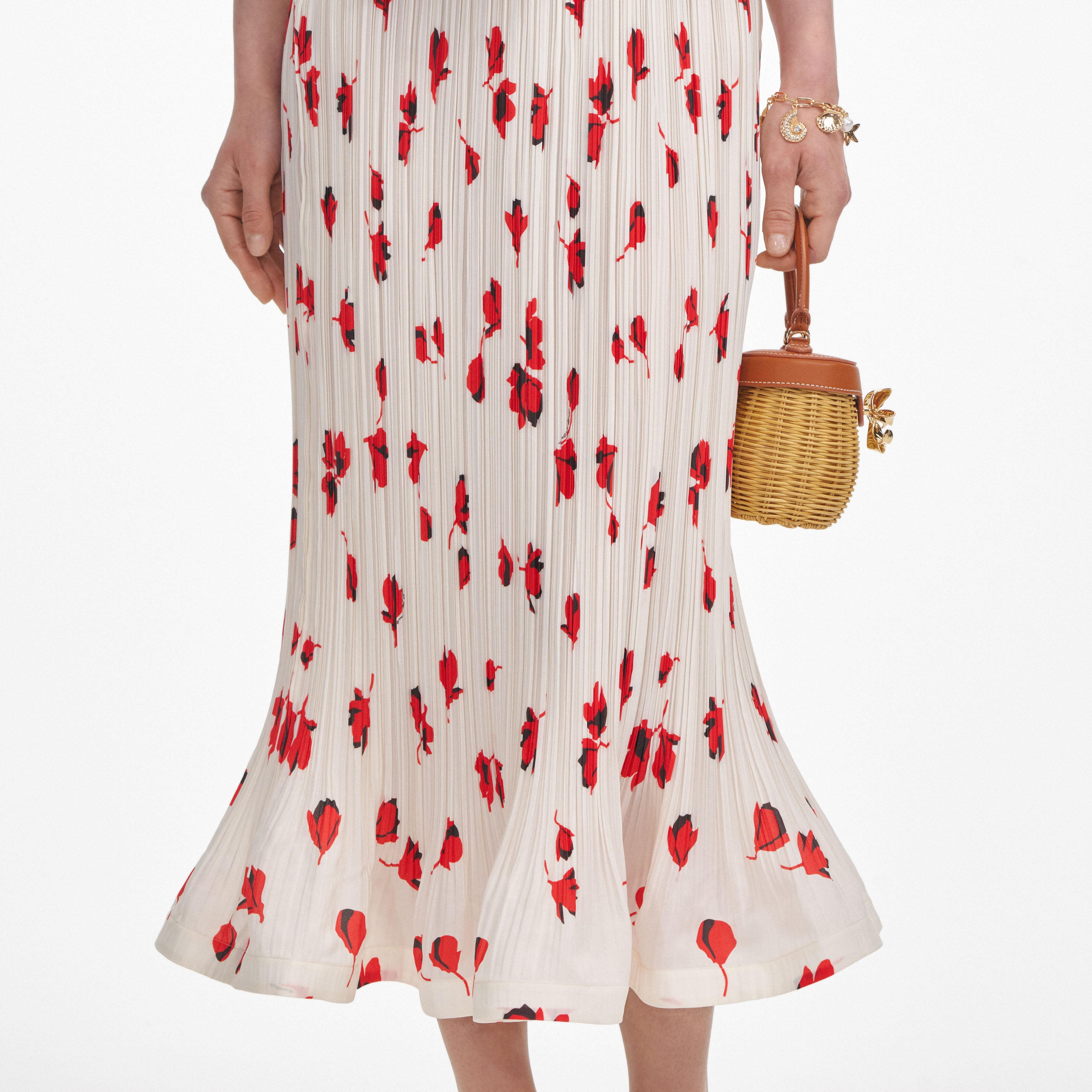 White Floral Plisse  Midi Skirt