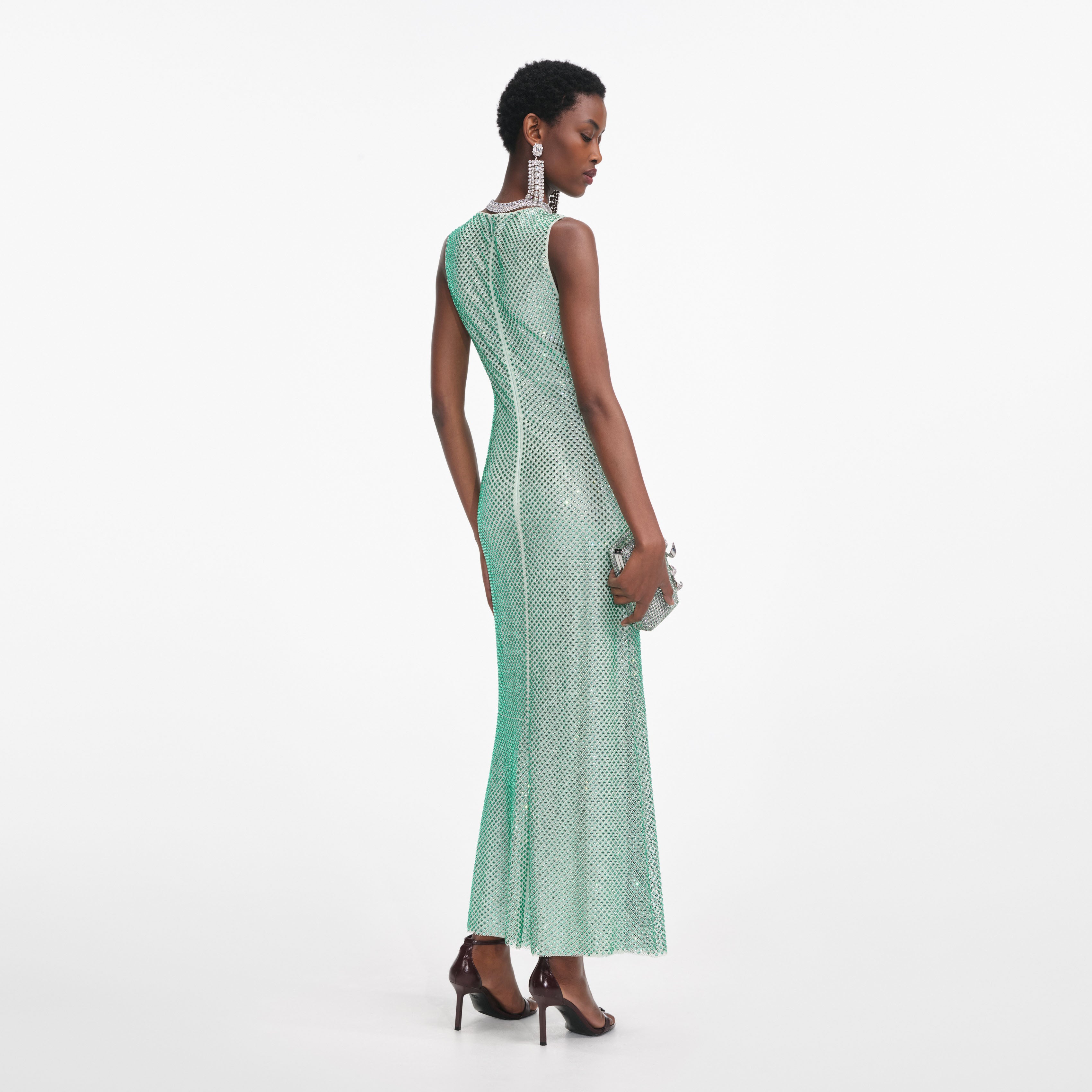 Mint Rhinestone Mesh Midi Dress
