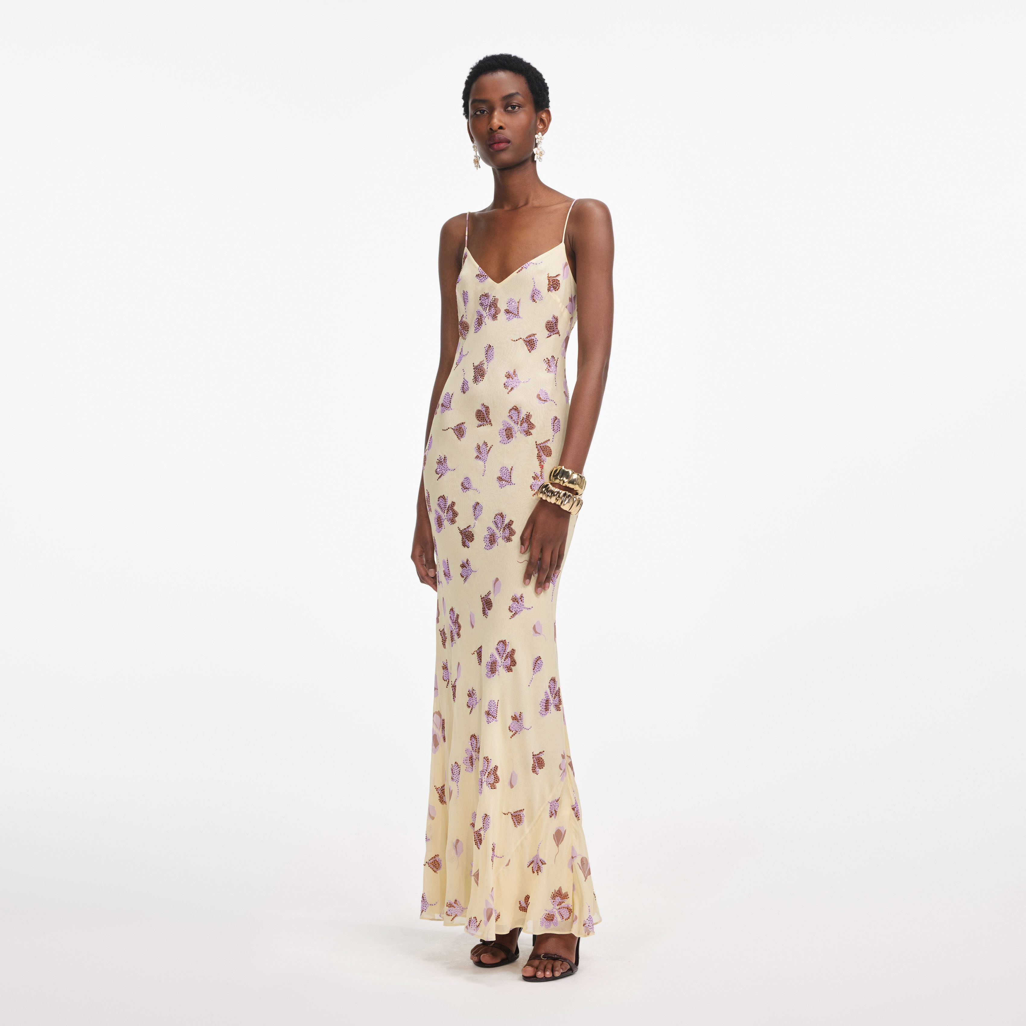 Yellow Floral Rhinestone Maxi Dress