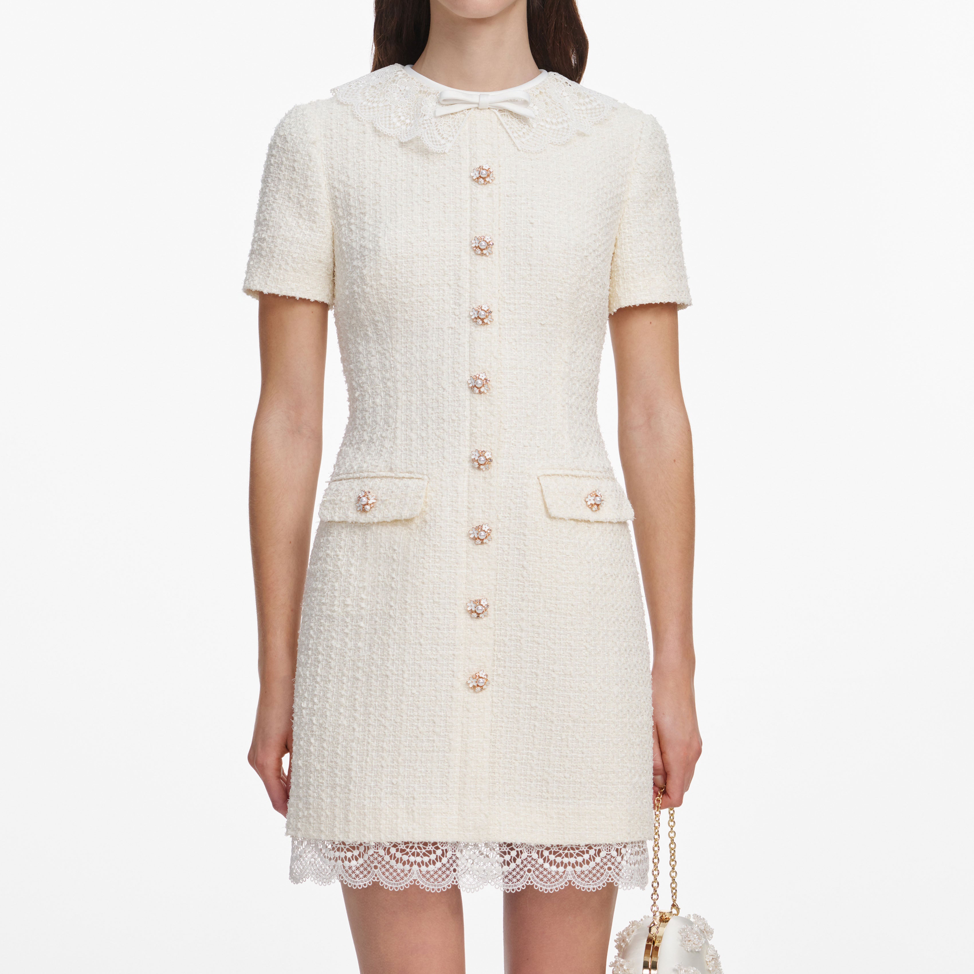 Cream Boucle Lace Trim Tailored Mini Dress