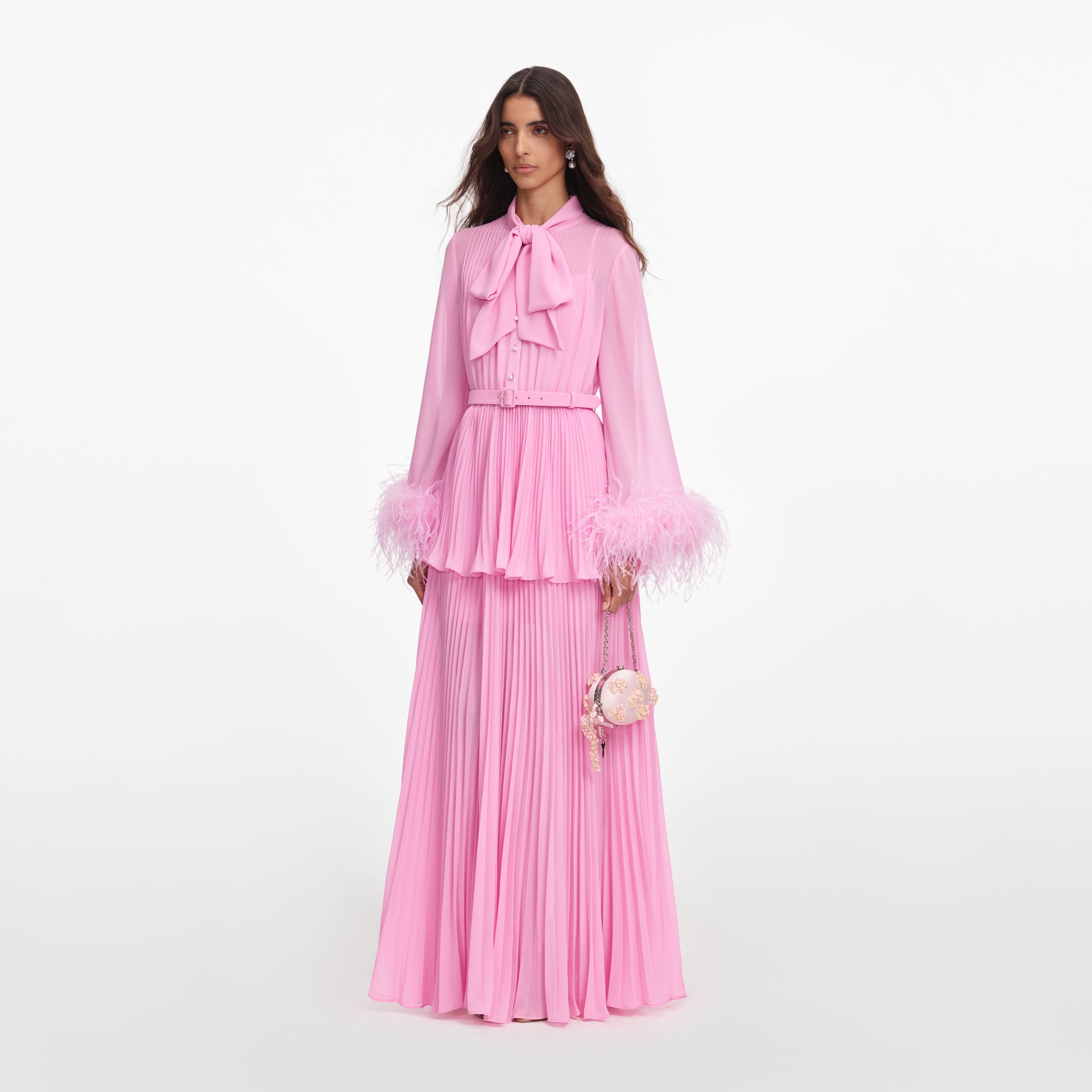 Pink Georgette Feather Cuff Maxi Dress