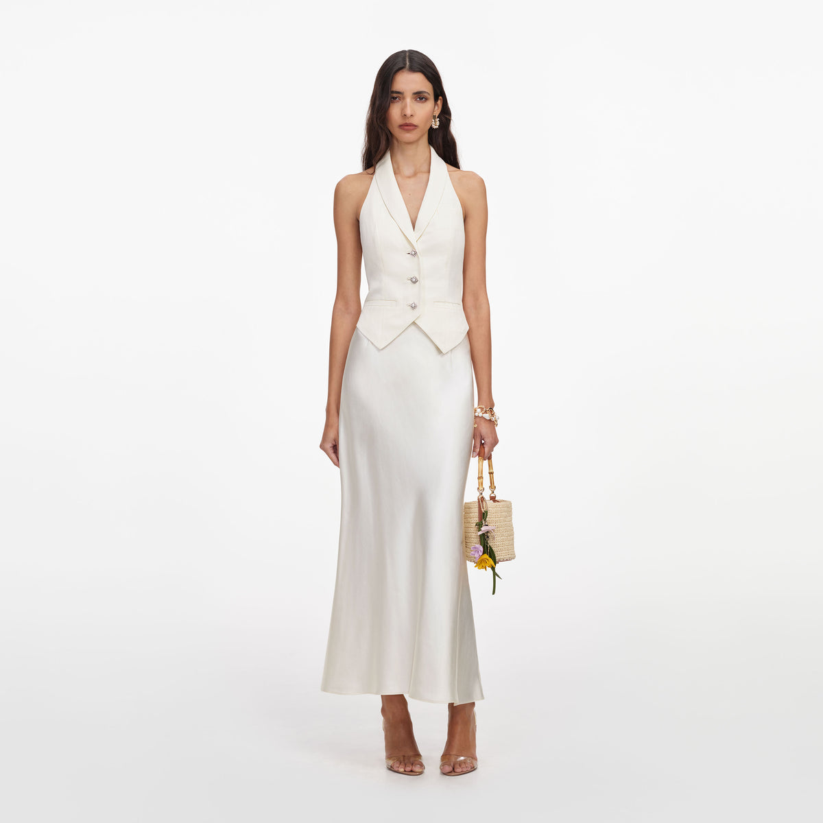 Cream Linen Blend Satin Midi Dress