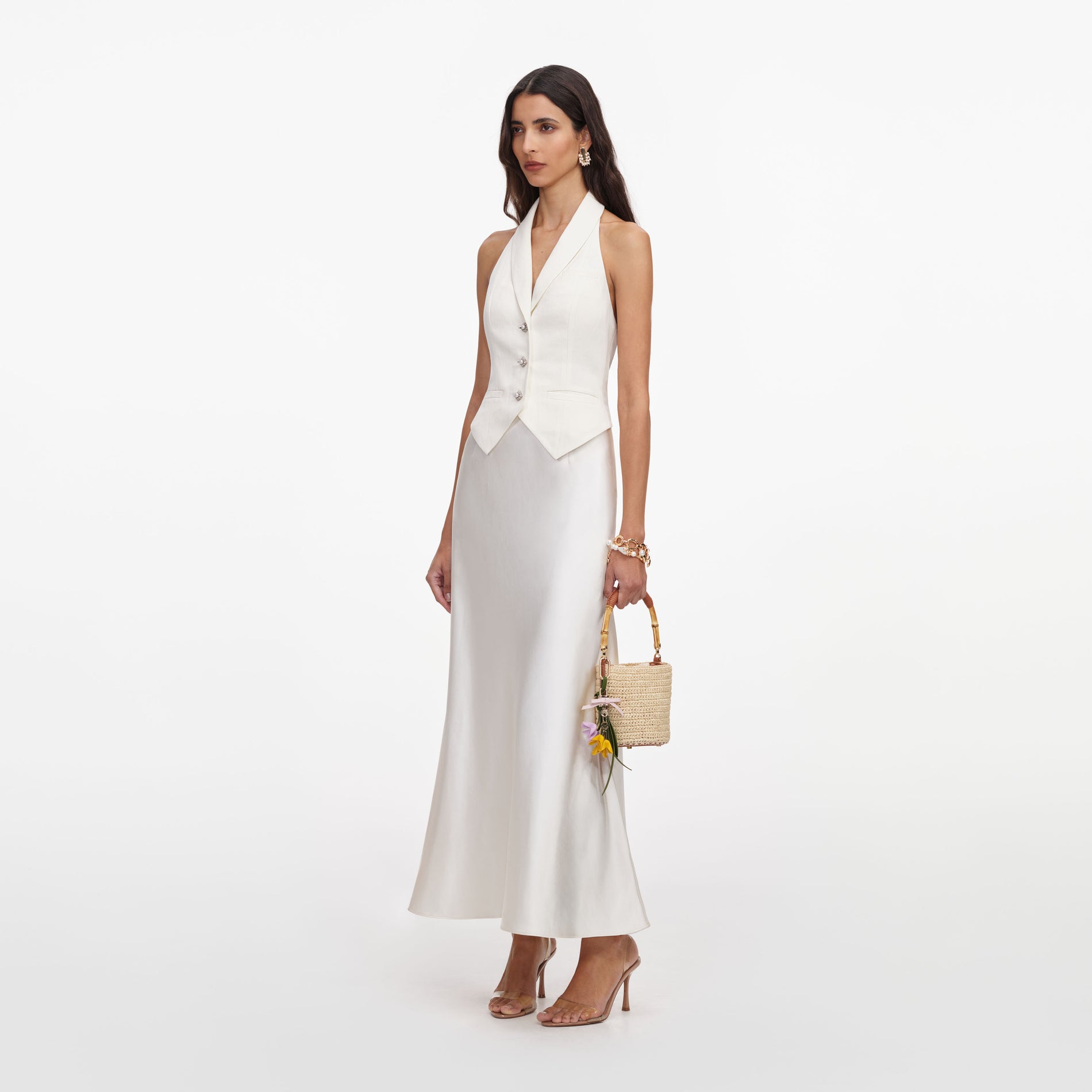 Side view of a woman wearing the Cream Linen Blend Satin Midi Dress
