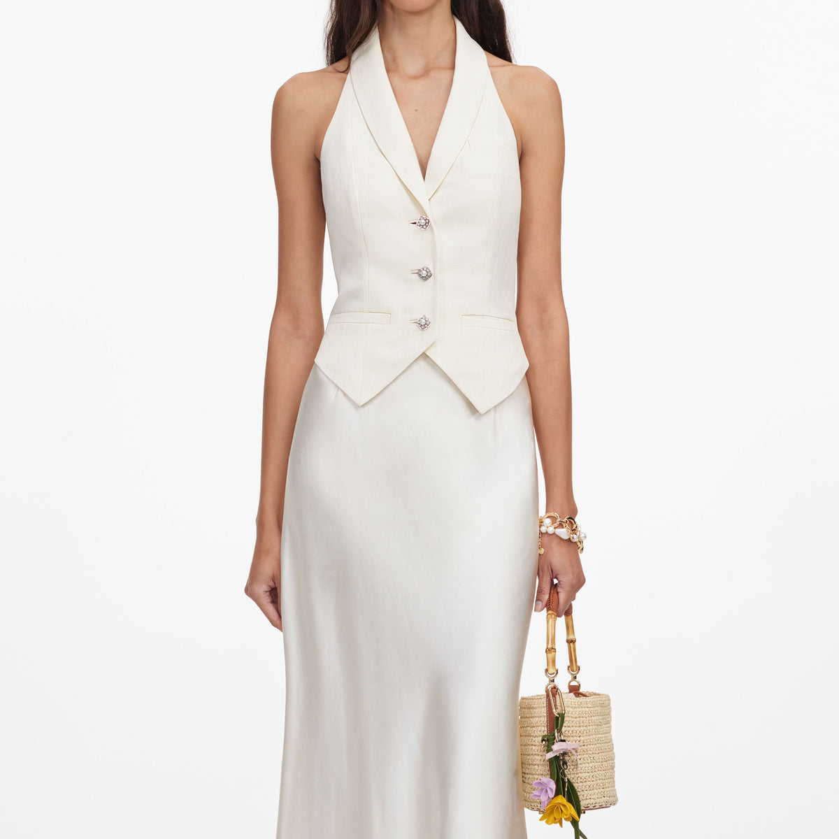 Cream Linen Blend Satin Midi Dress