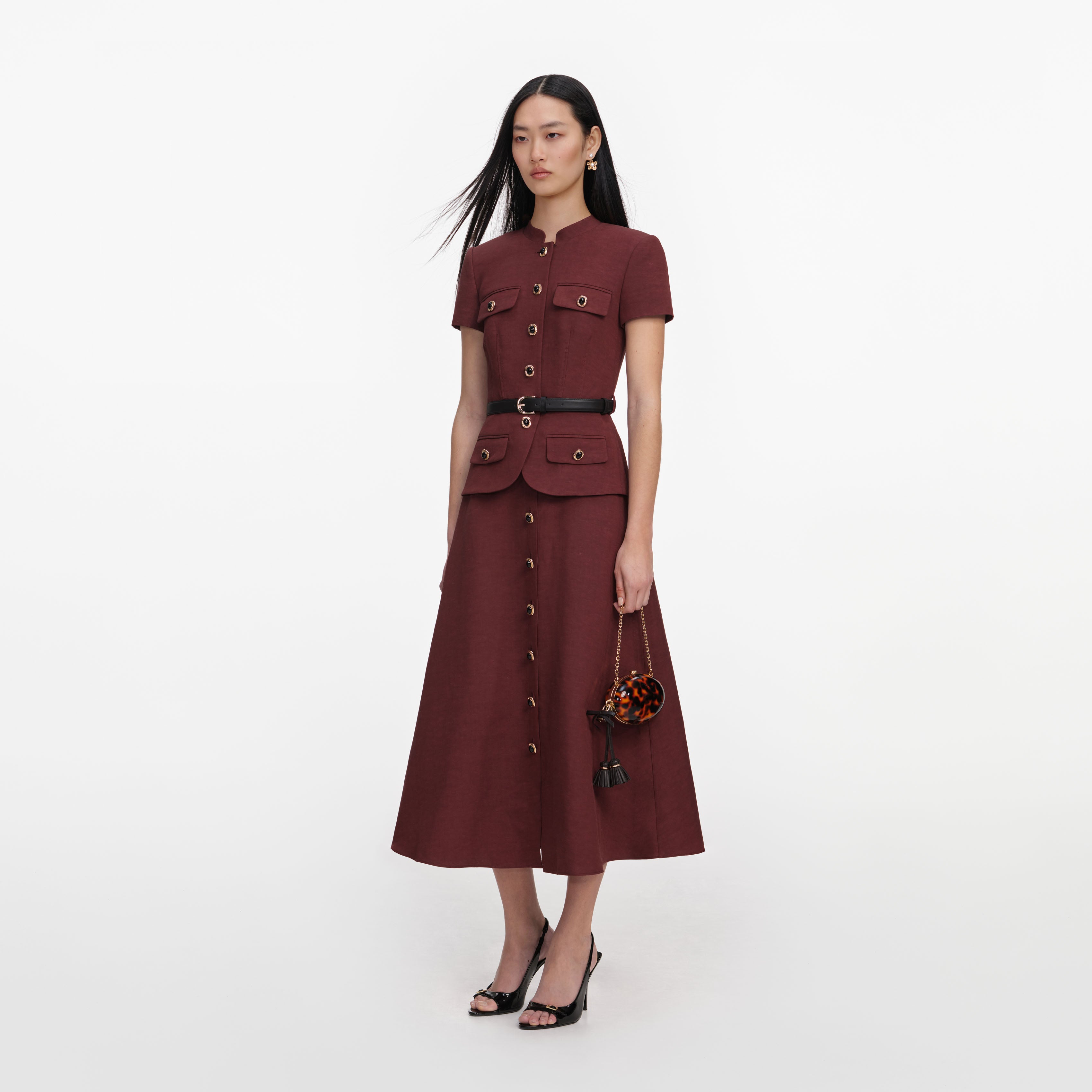 Brown Peplum Linen Blend Midi Dress