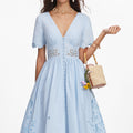 Blue Cotton Embroidered Midi Dress
