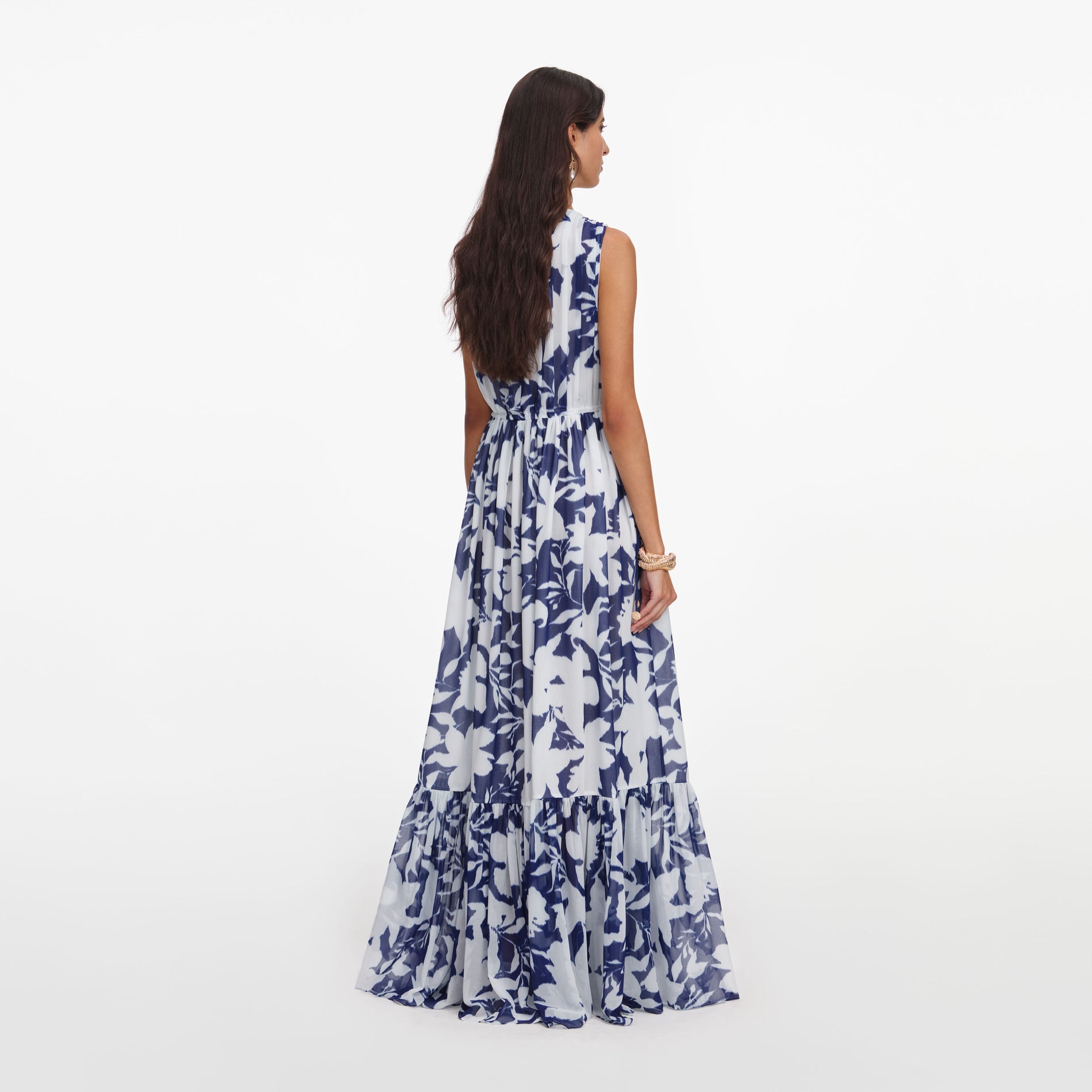 Back view of a woman wearing the Printed Georgette Maxi Dress