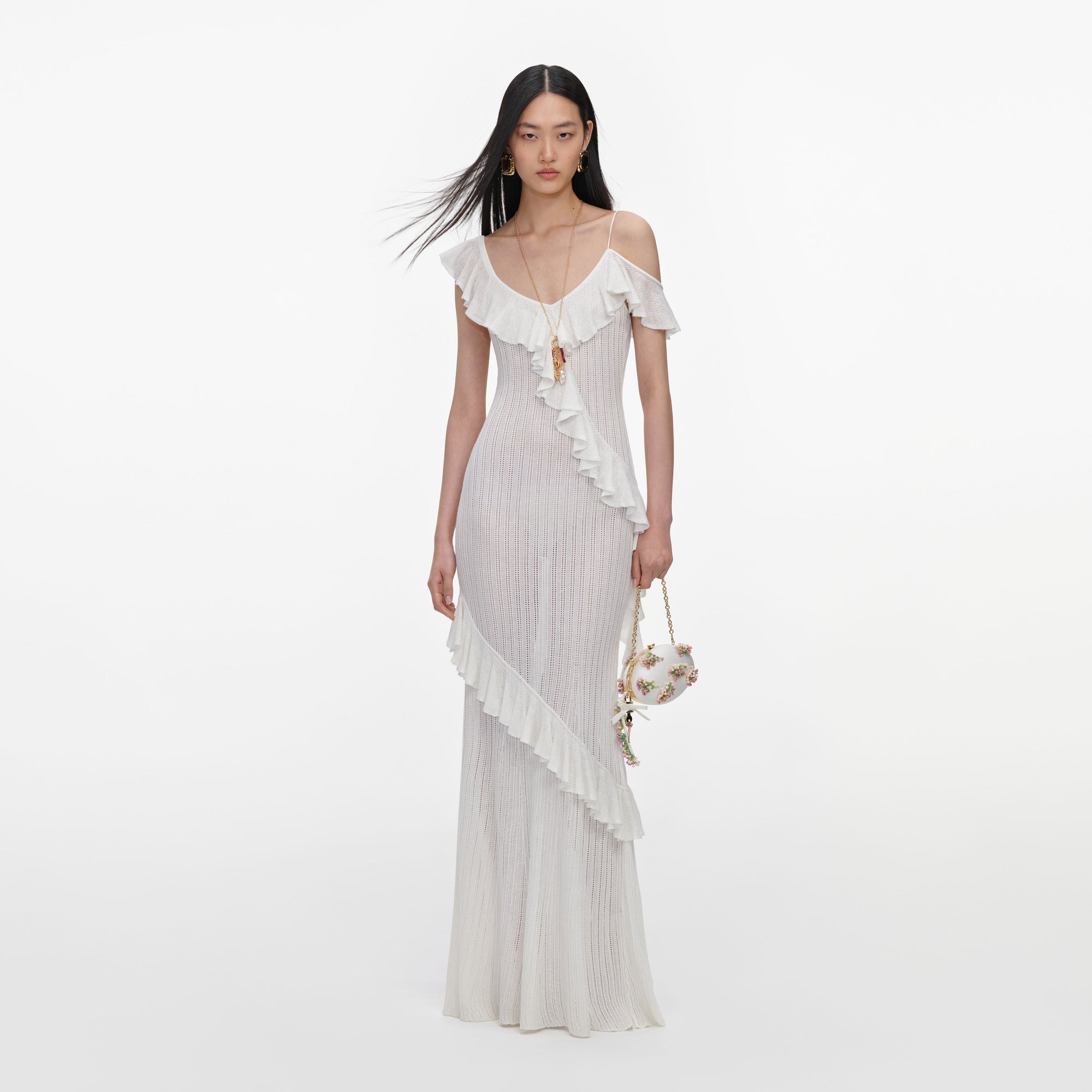 White Ruffle Knit Maxi Dress