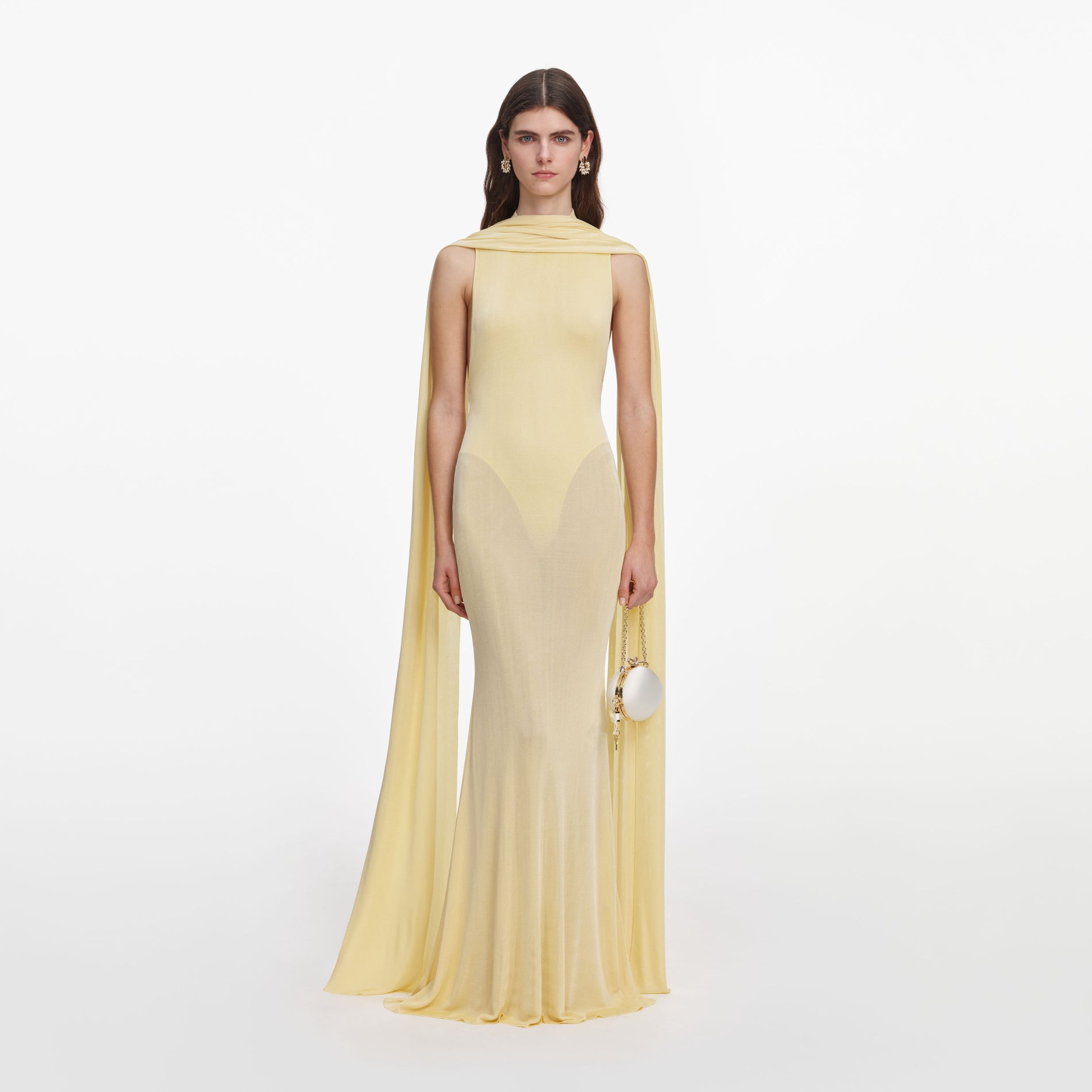 Front view of a woman wearing the Yellow Viscose Knit Scarf Maxi Dress