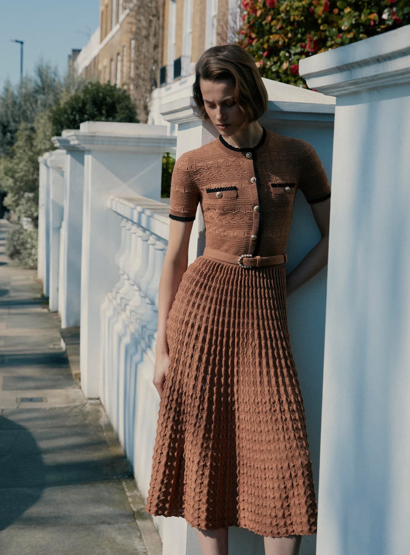 Brown Pointelle Knit Midi Dress
