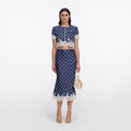 Navy Polka Dot Satin Midi Skirt