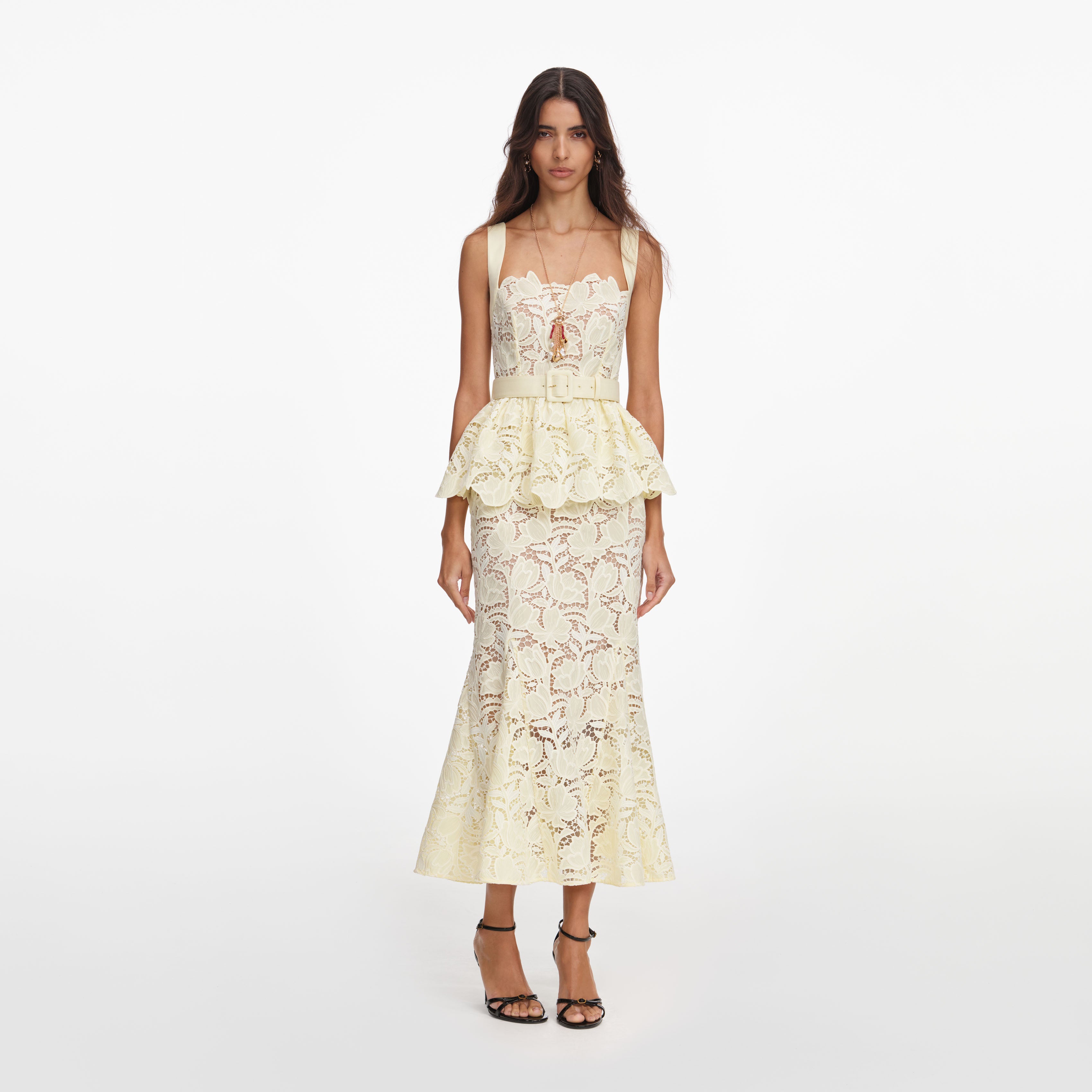 Yellow Lace Peplum Midi Dress