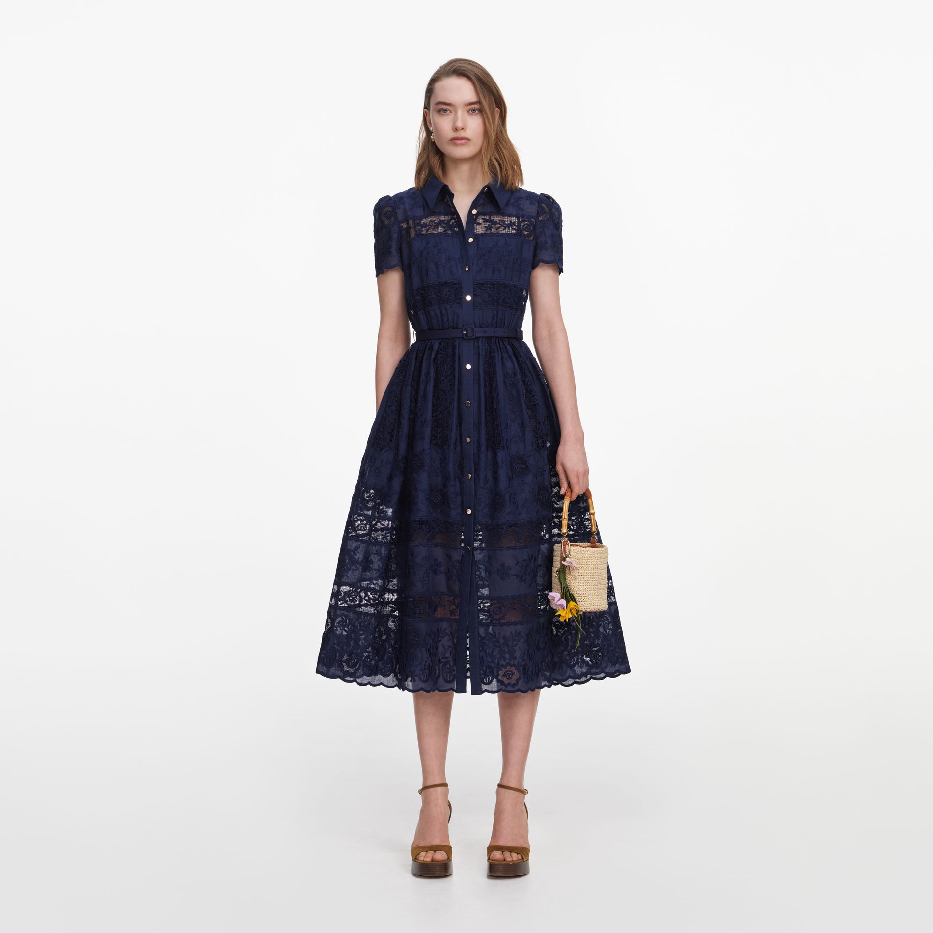 Front view of a woman wearing the Navy Ramie Collared Midi Dress