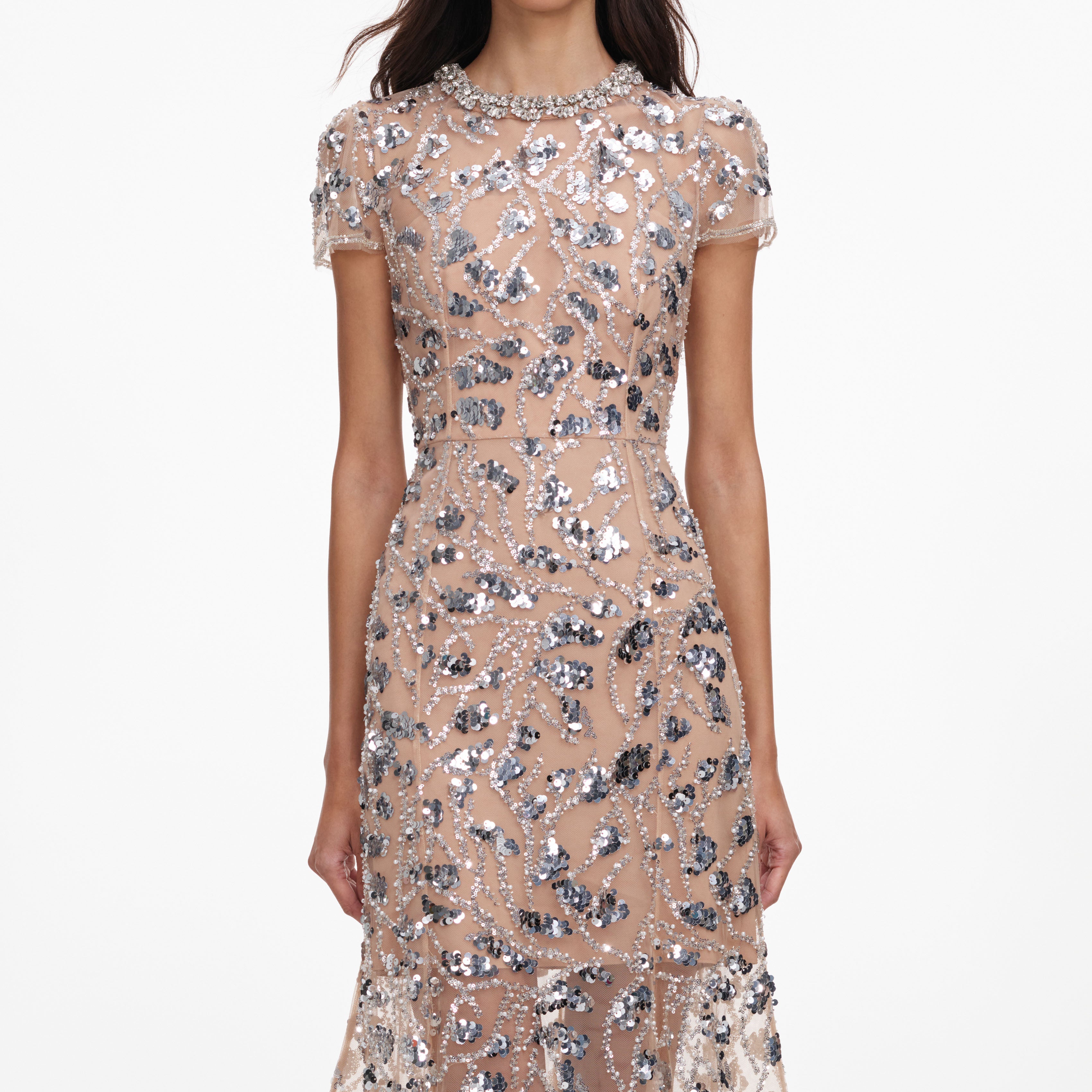 Silver Sequin Embellished Midi Dress